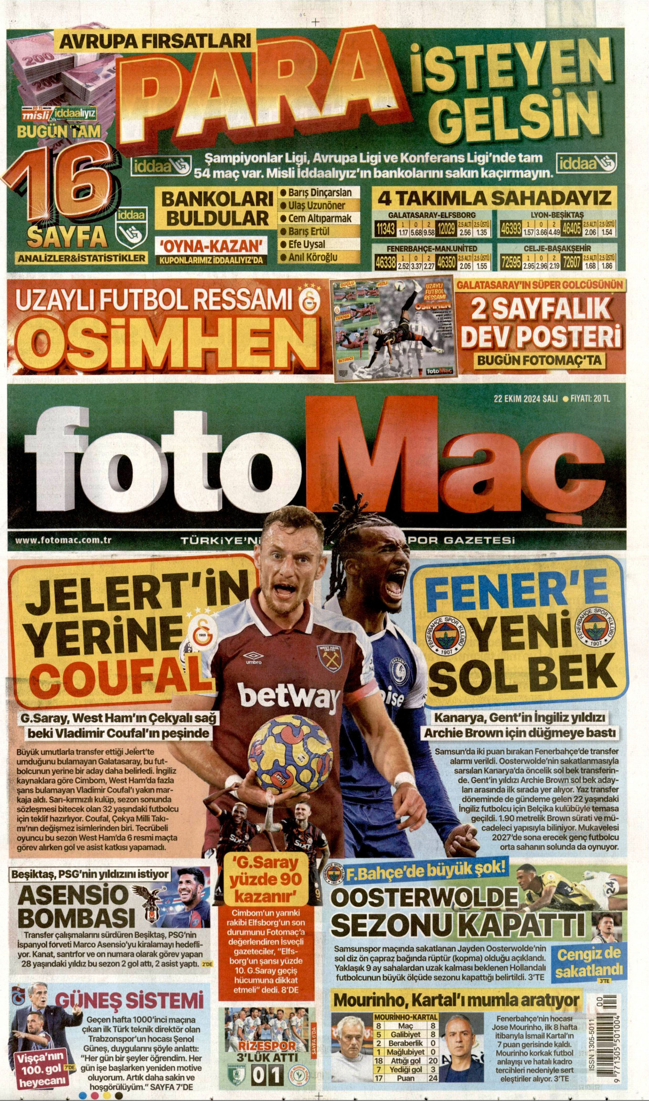 FOTOMAÇ gazetesinin 22 Ekim 2024 tarihli birinci sayfası