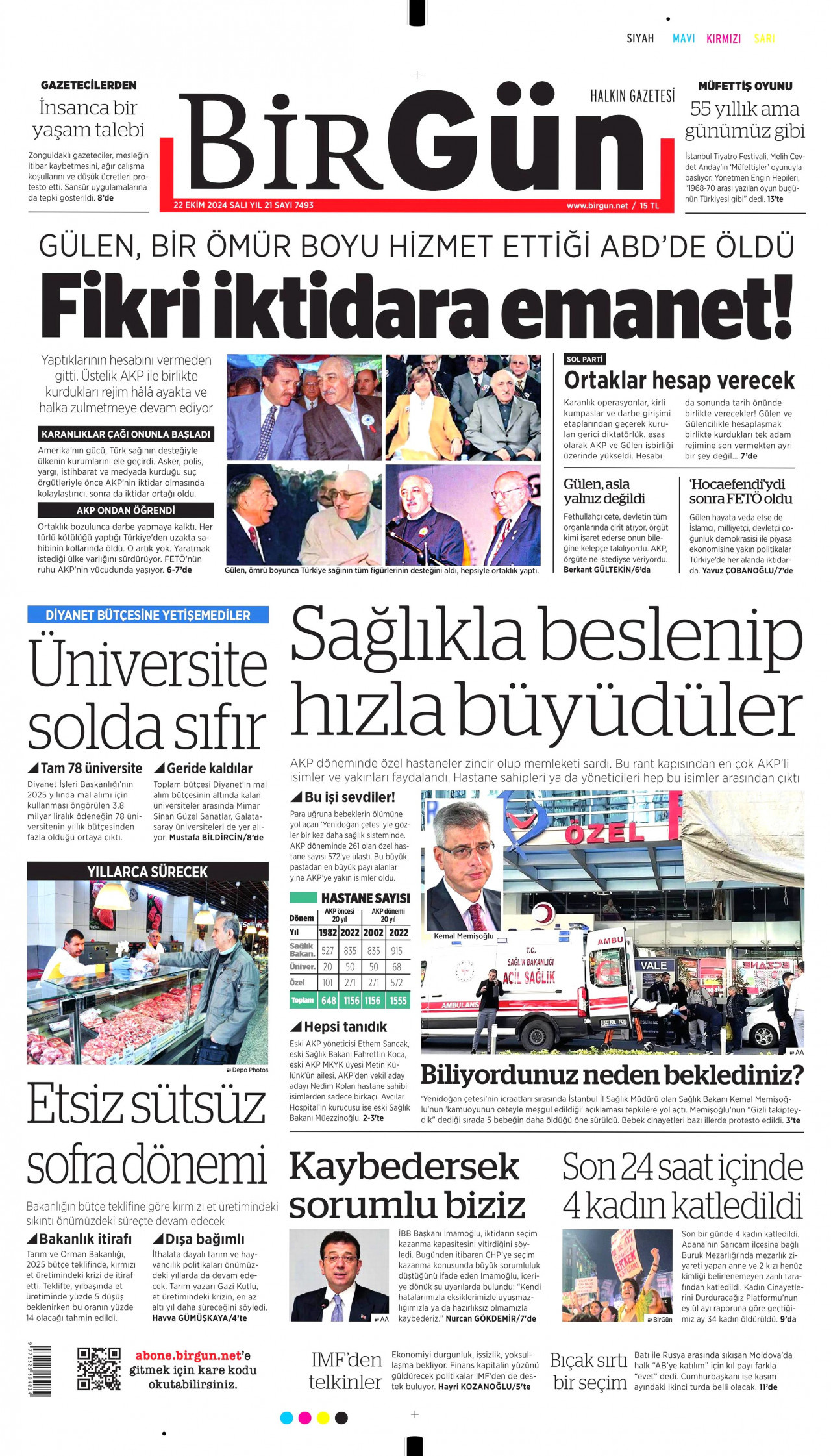 BİRGÜN gazetesinin 22 Ekim 2024 tarihli birinci sayfası