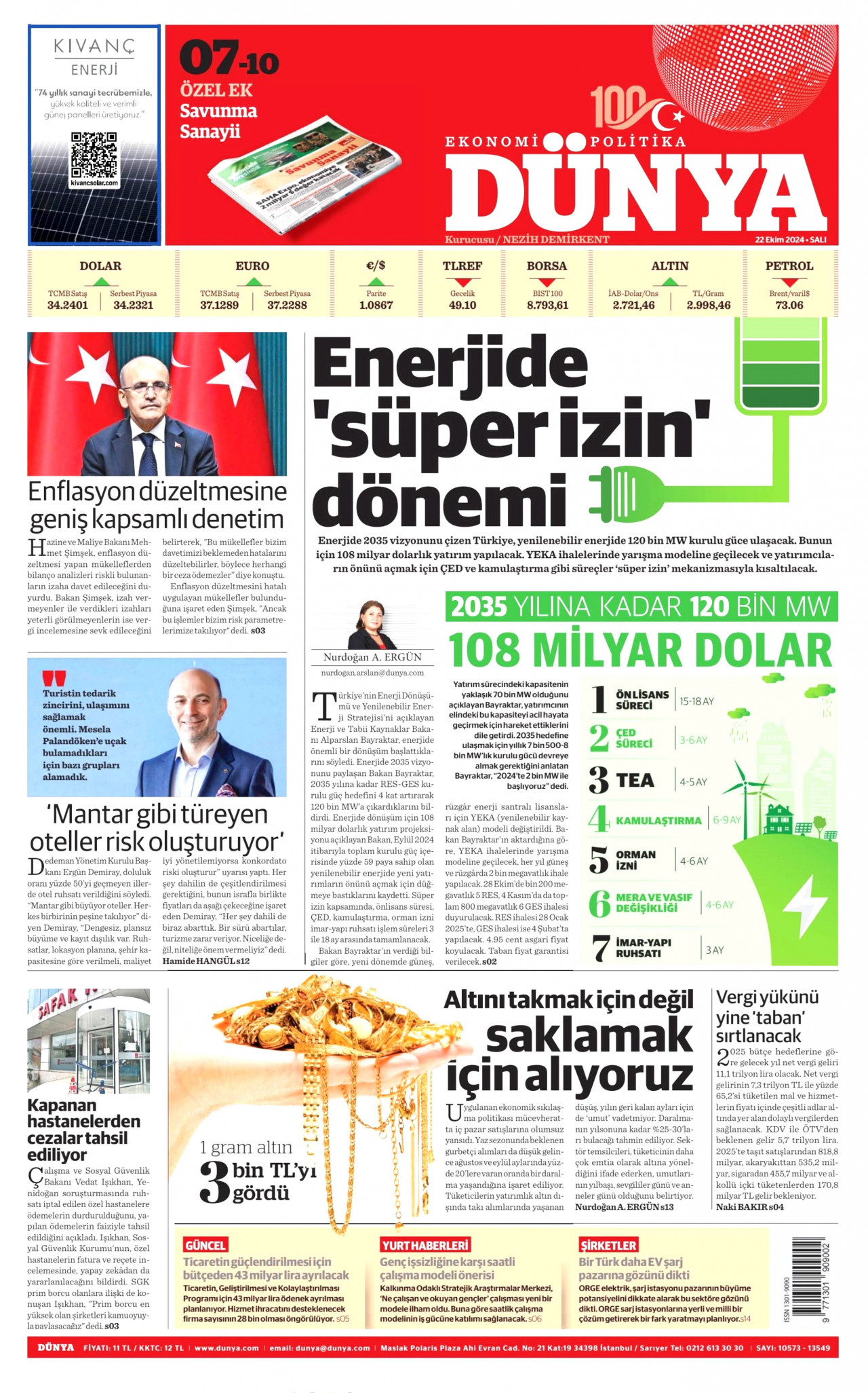DÜNYA gazetesinin 22 Ekim 2024 tarihli birinci sayfası
