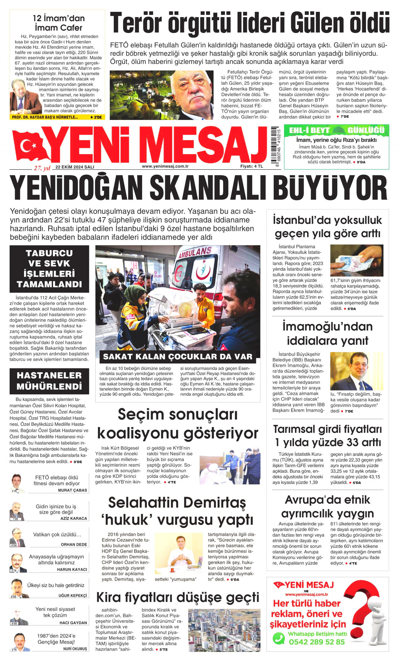 YENİ MESAJ gazetesinin 22 Ekim 2024 tarihli birinci sayfası