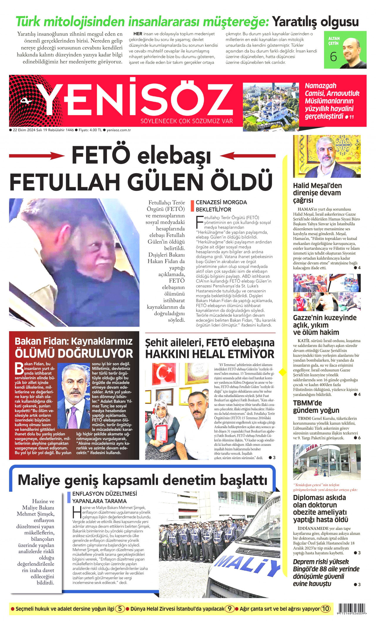 YENİ SÖZ GAZETESİ gazetesinin 22 Ekim 2024 tarihli birinci sayfası