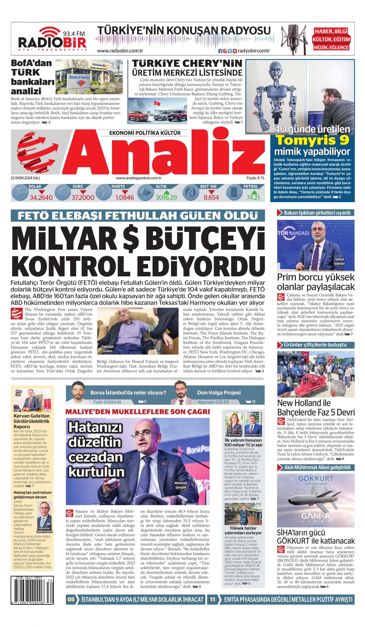 ANALİZ gazetesinin 22 Ekim 2024 tarihli birinci sayfası