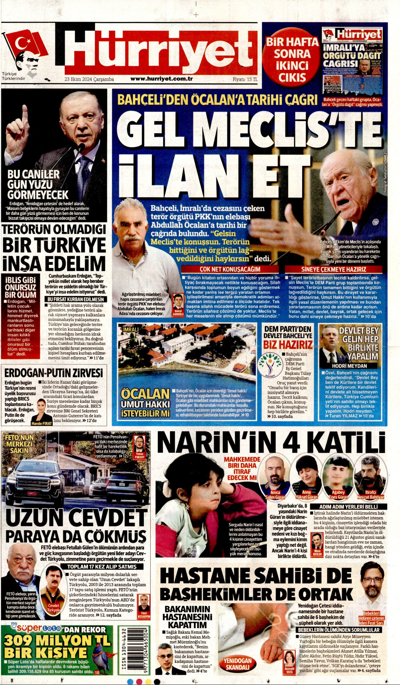 HÜRRİYET gazetesinin 23 Ekim 2024 tarihli birinci sayfası
