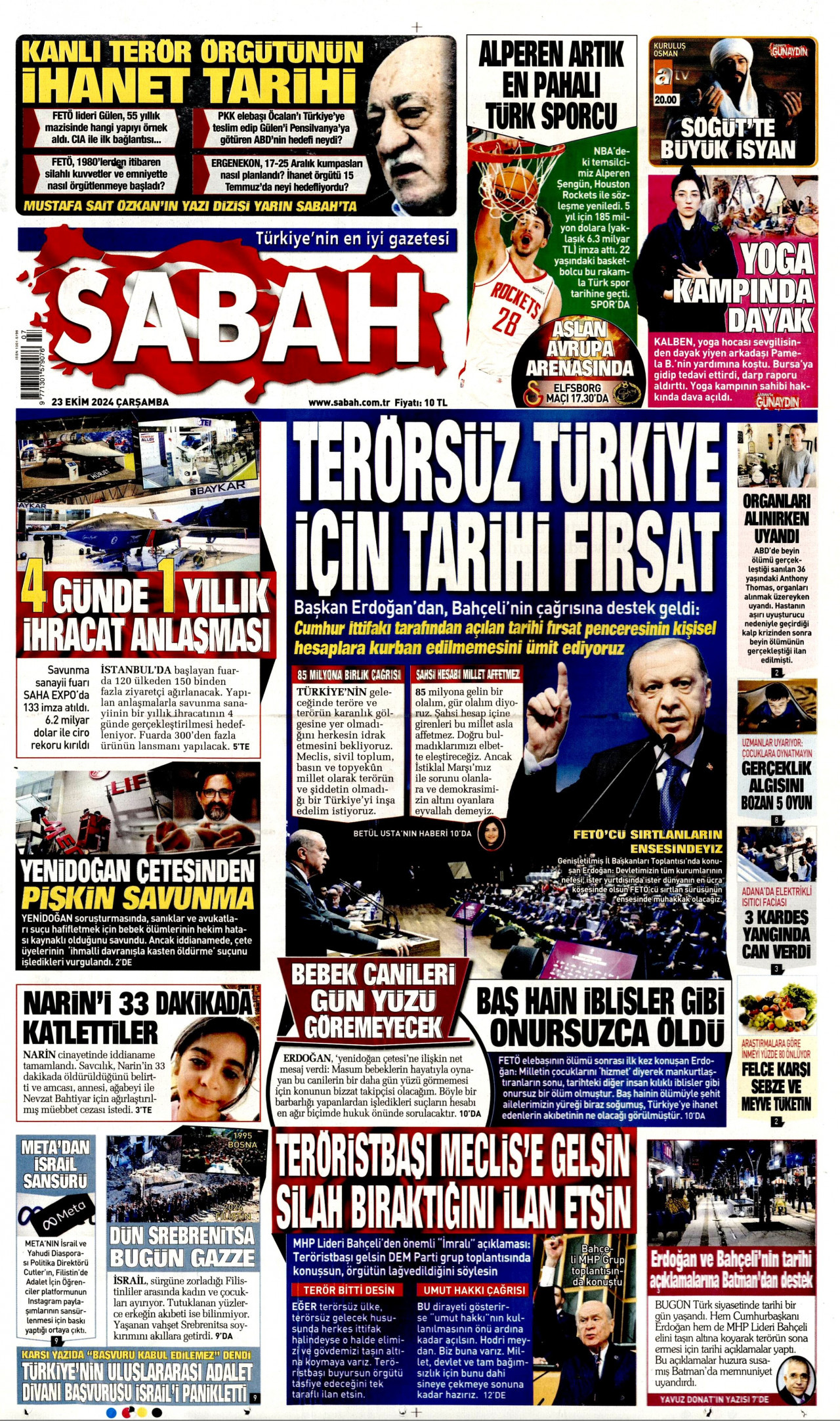 SABAH gazetesinin 23 Ekim 2024 tarihli birinci sayfası