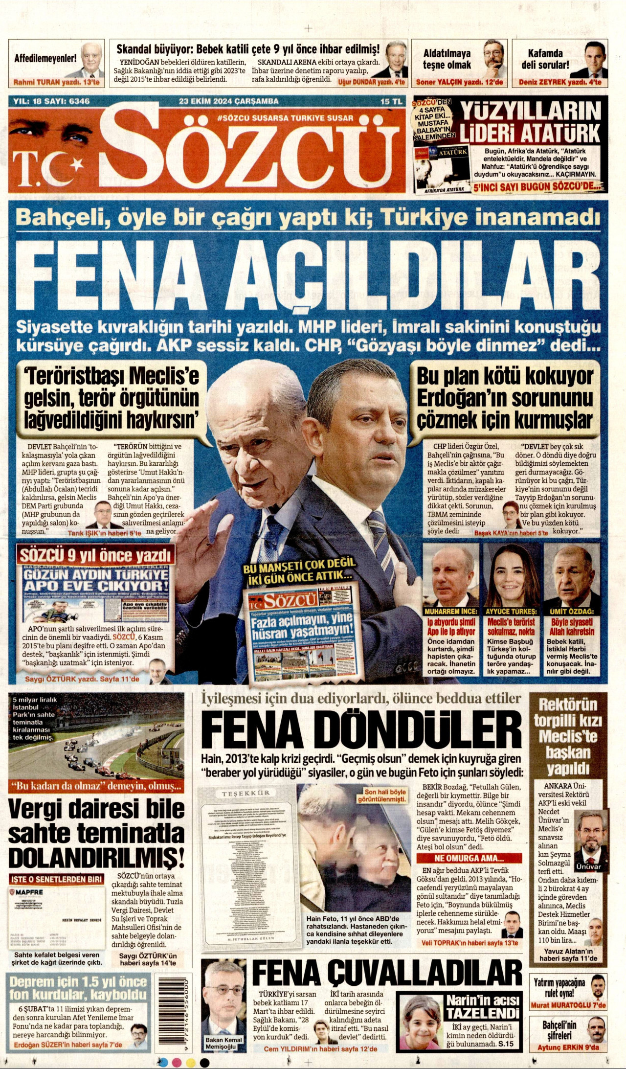 SÖZCÜ gazetesinin 23 Ekim 2024 tarihli birinci sayfası