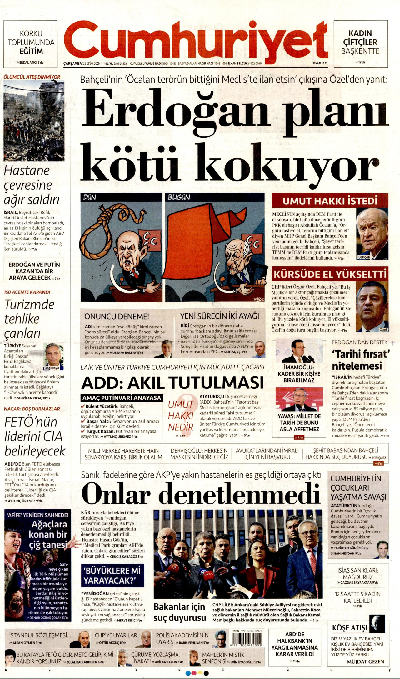 CUMHURİYET gazetesinin 23 Ekim 2024 tarihli birinci sayfası