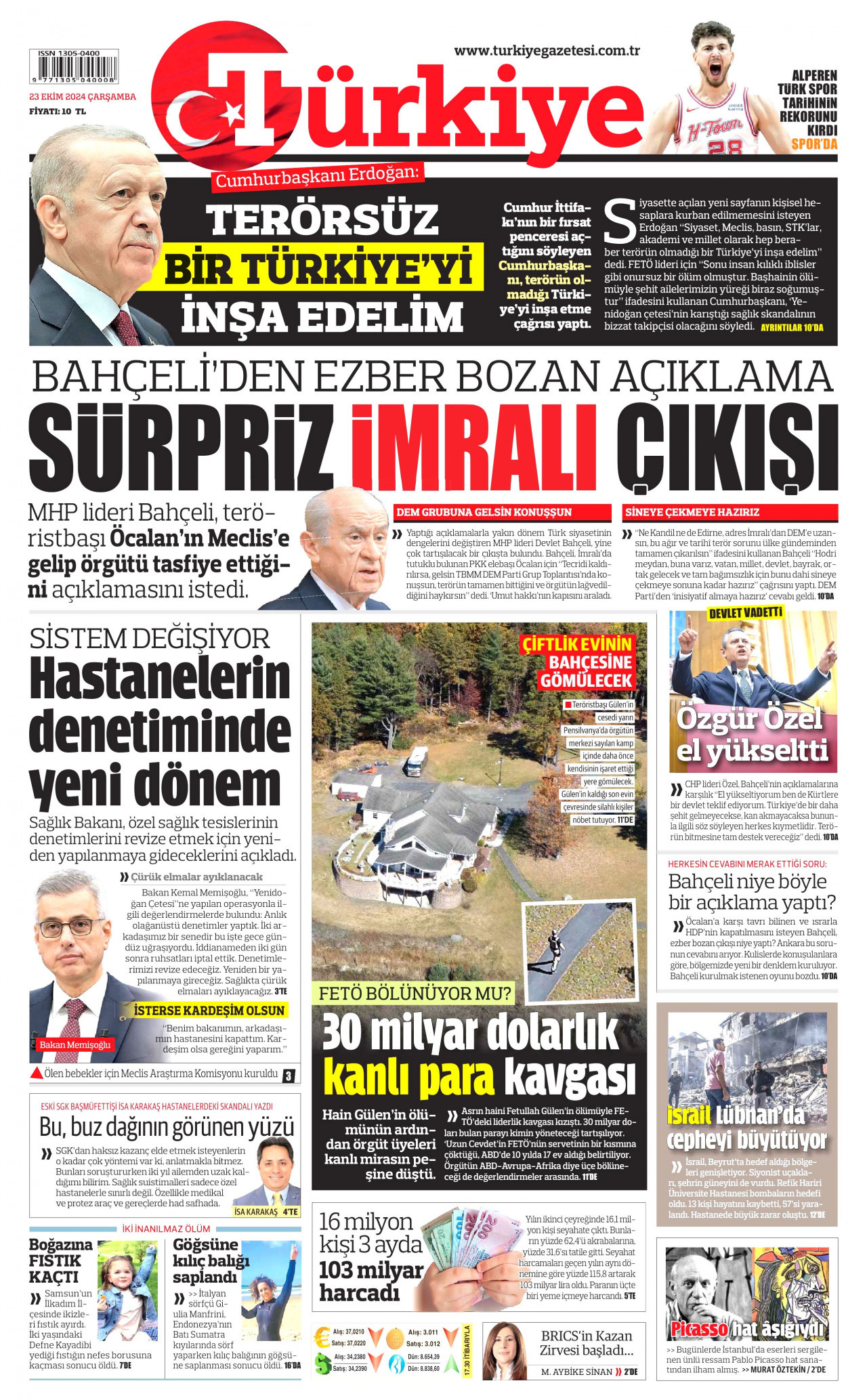 TÜRKİYE GAZETESİ gazetesinin 23 Ekim 2024 tarihli birinci sayfası