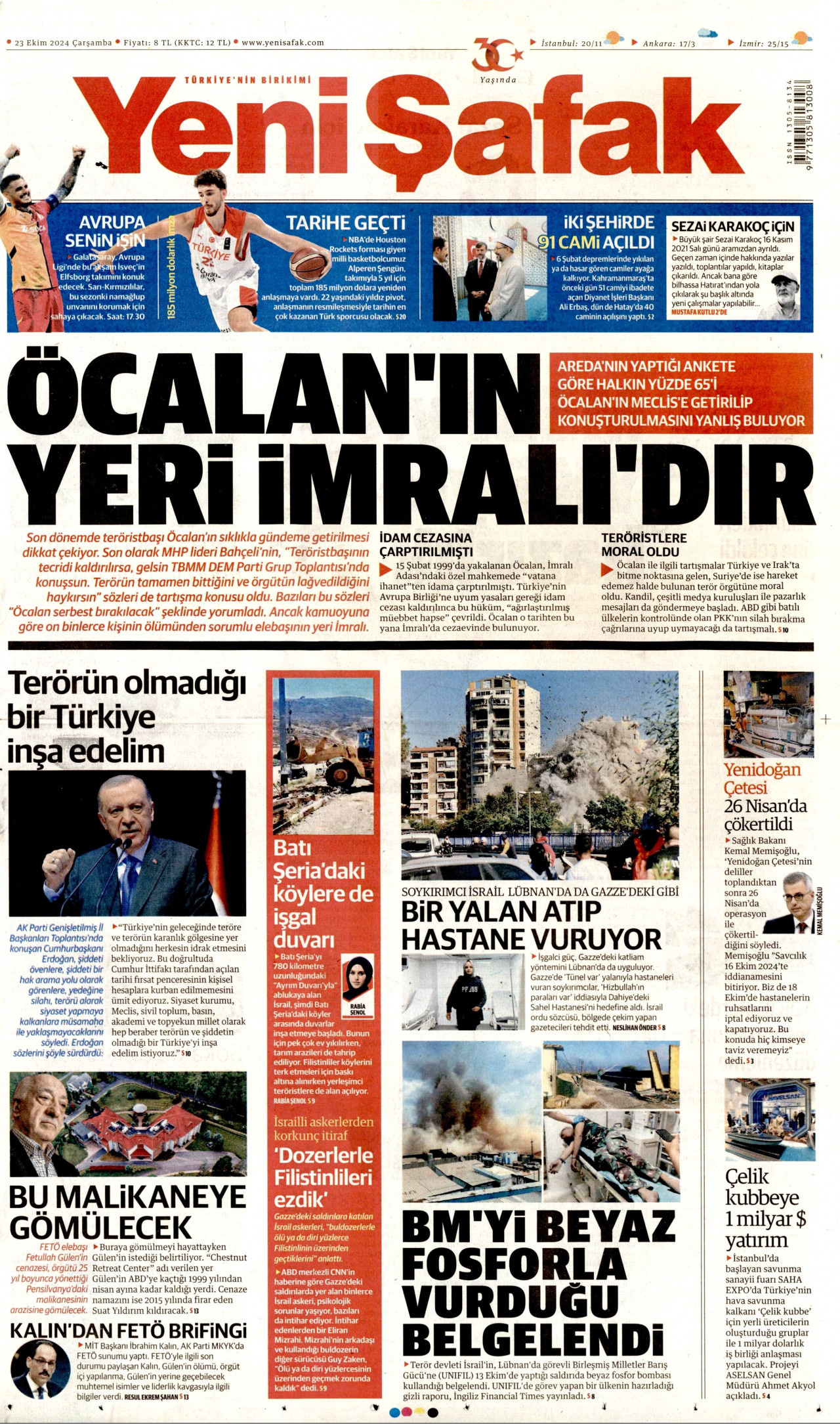 YENİ ŞAFAK gazetesinin 23 Ekim 2024 tarihli birinci sayfası