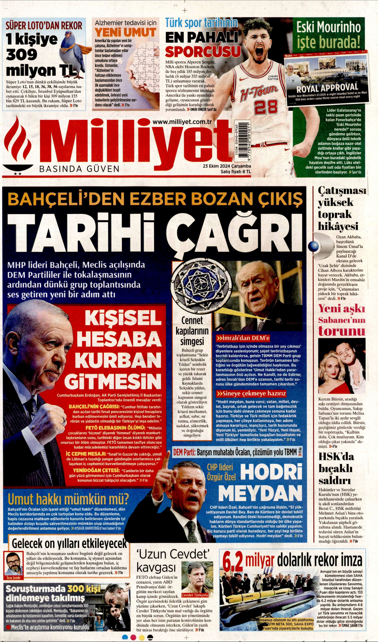 MİLLİYET gazetesinin 23 Ekim 2024 tarihli birinci sayfası
