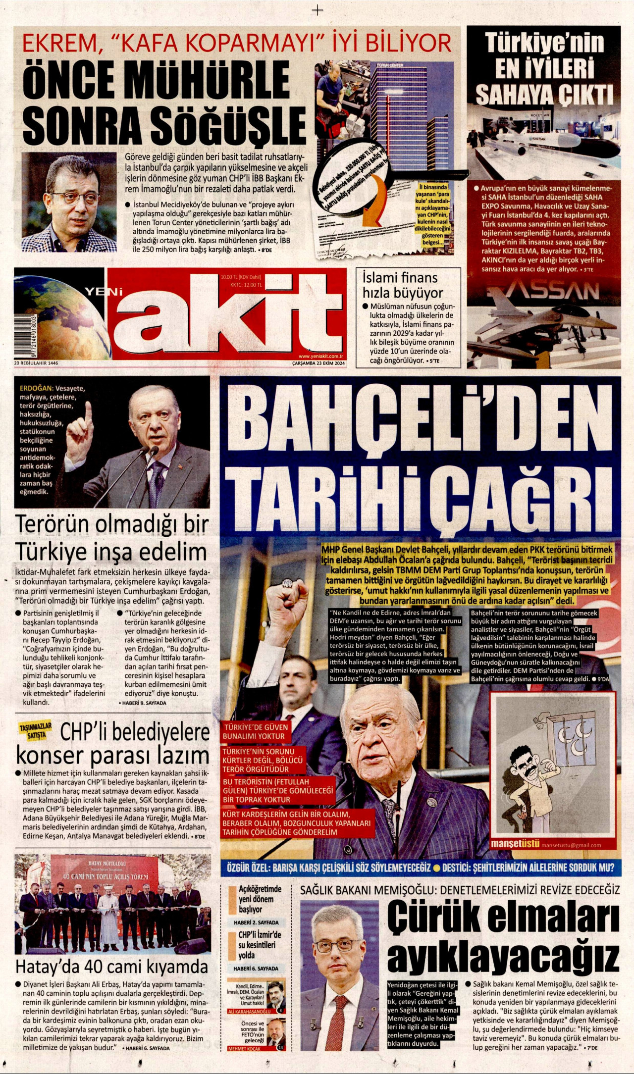 YENİ AKİT gazetesinin 23 Ekim 2024 tarihli birinci sayfası