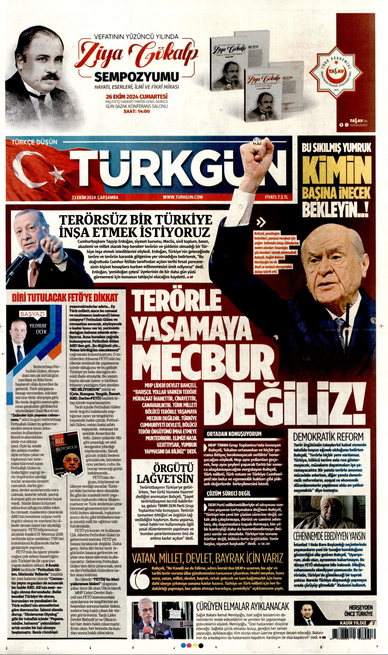 TÜRKGÜN gazetesinin 23 Ekim 2024 tarihli birinci sayfası