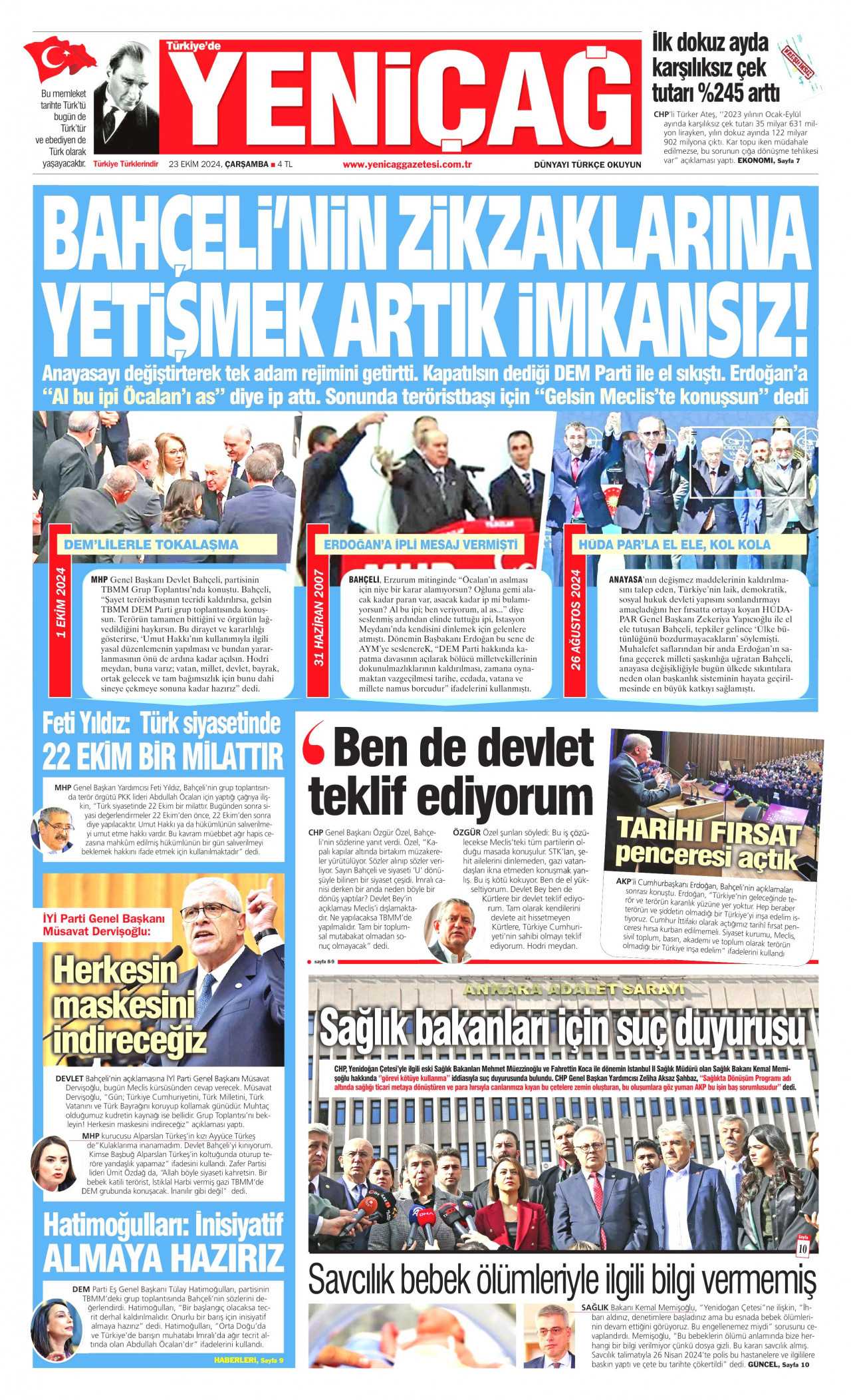 YENİÇAĞ gazetesinin 23 Ekim 2024 tarihli birinci sayfası