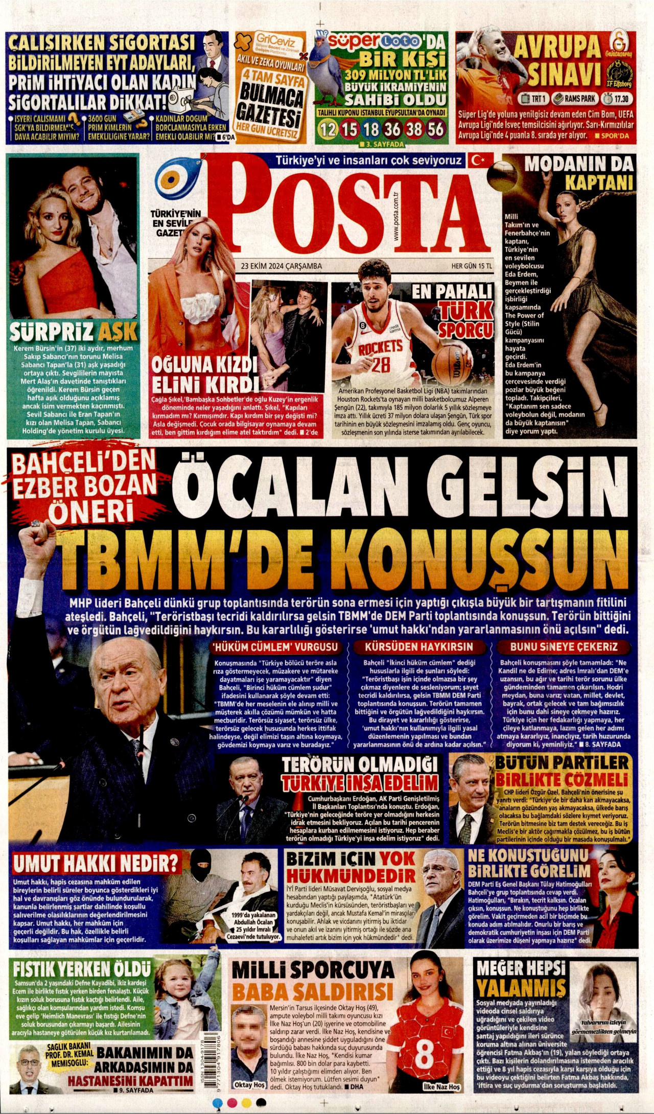 POSTA gazetesinin 23 Ekim 2024 tarihli birinci sayfası