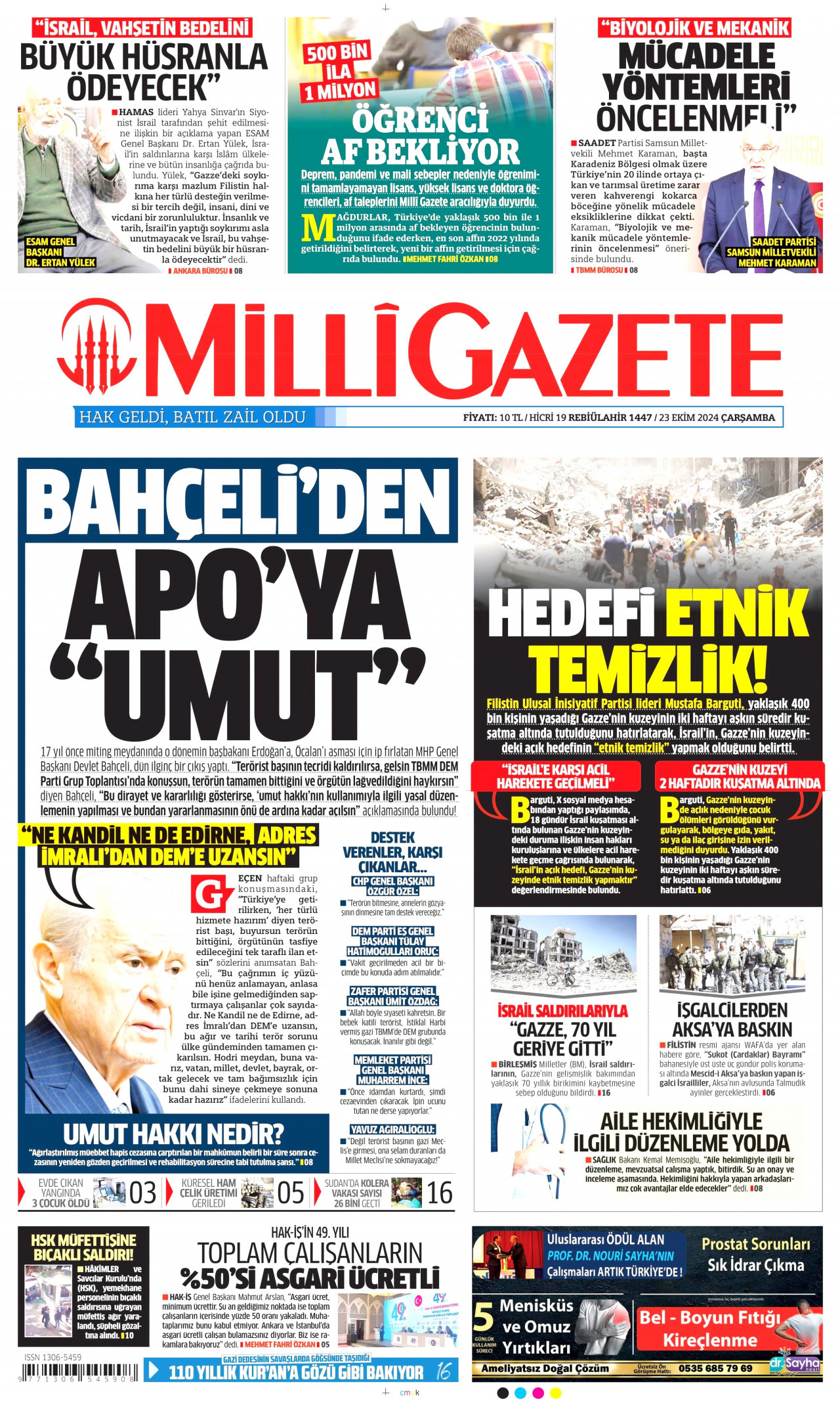 MİLLİ GAZETE gazetesinin 23 Ekim 2024 tarihli birinci sayfası