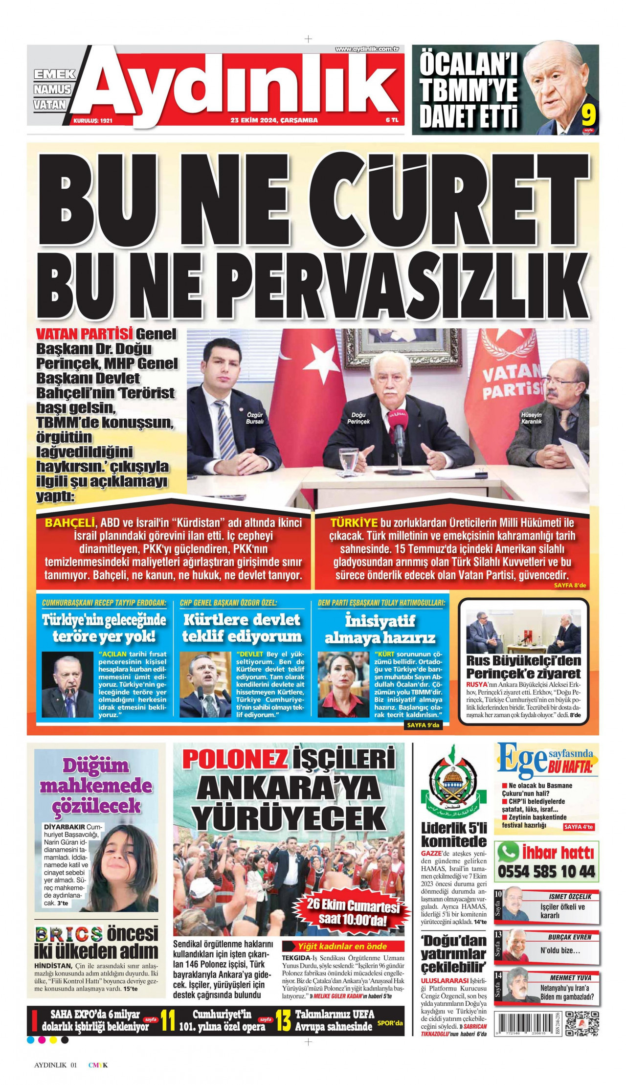 AYDINLIK GAZETESİ gazetesinin 23 Ekim 2024 tarihli birinci sayfası