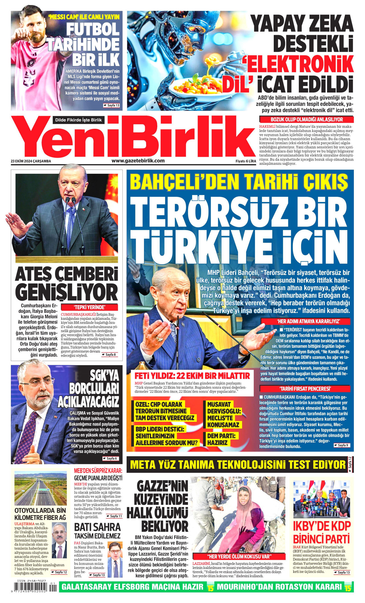 YENİBİRLİK gazetesinin 23 Ekim 2024 tarihli birinci sayfası