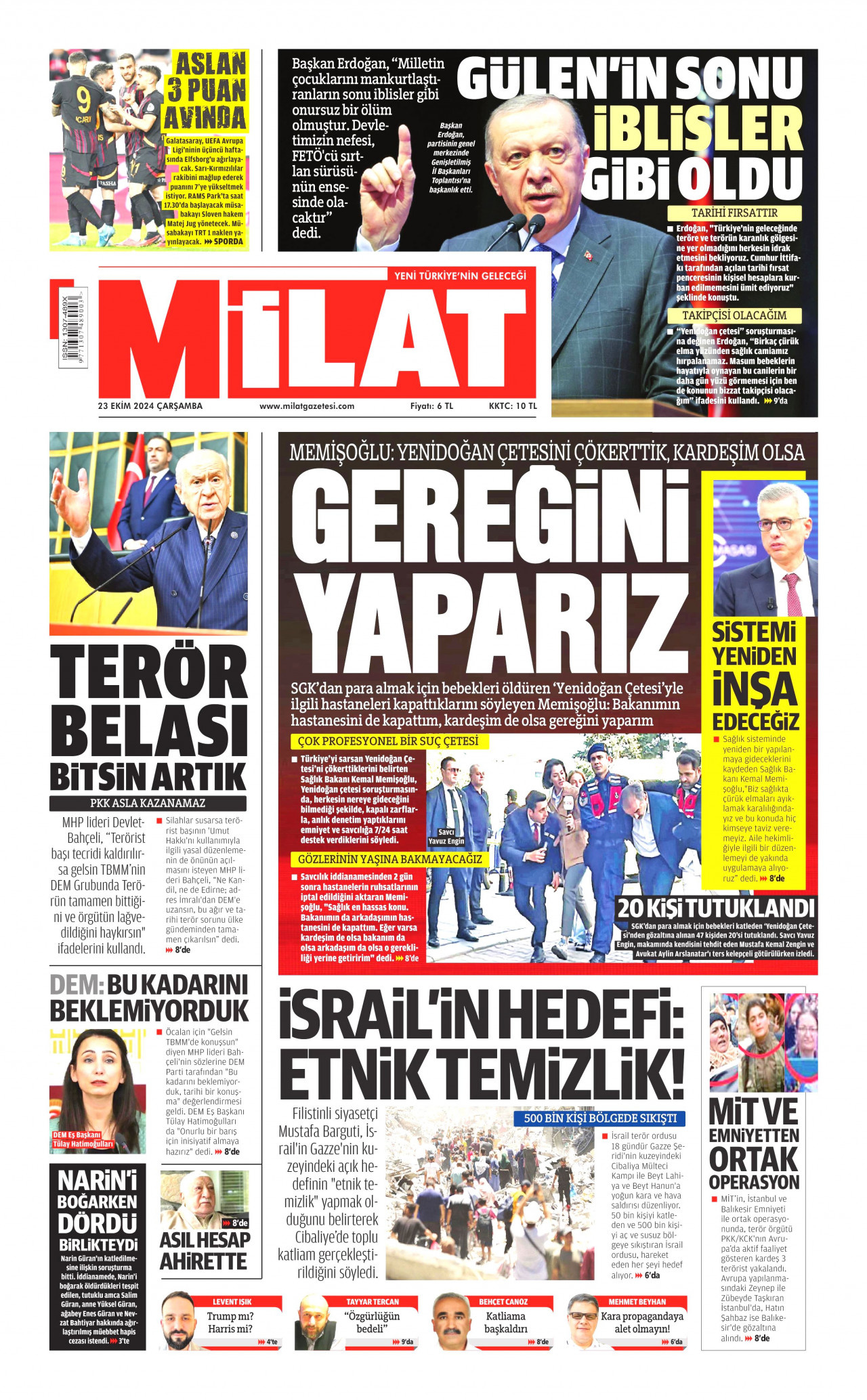 MİLAT gazetesinin 23 Ekim 2024 tarihli birinci sayfası
