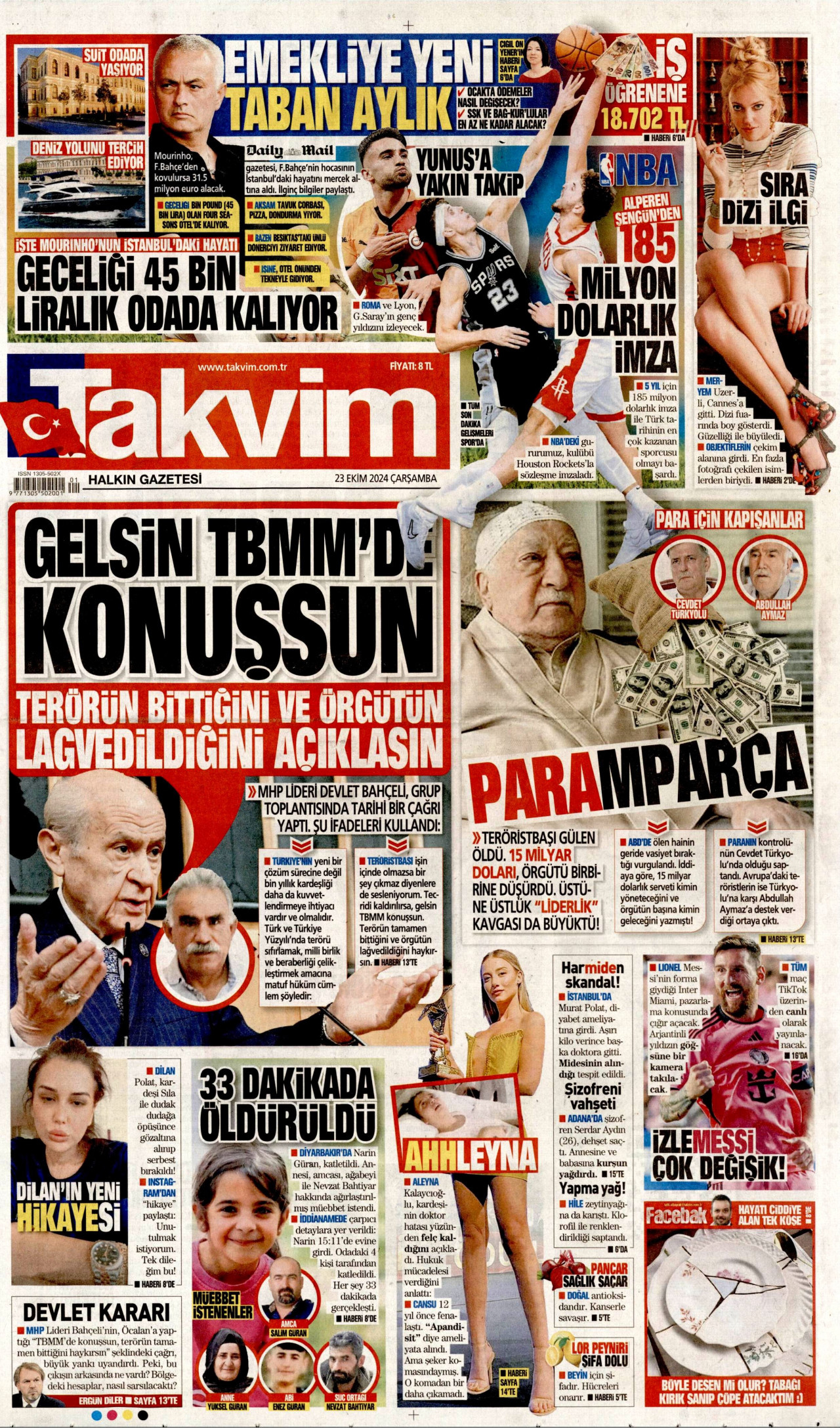 TAKVİM gazetesinin 23 Ekim 2024 tarihli birinci sayfası
