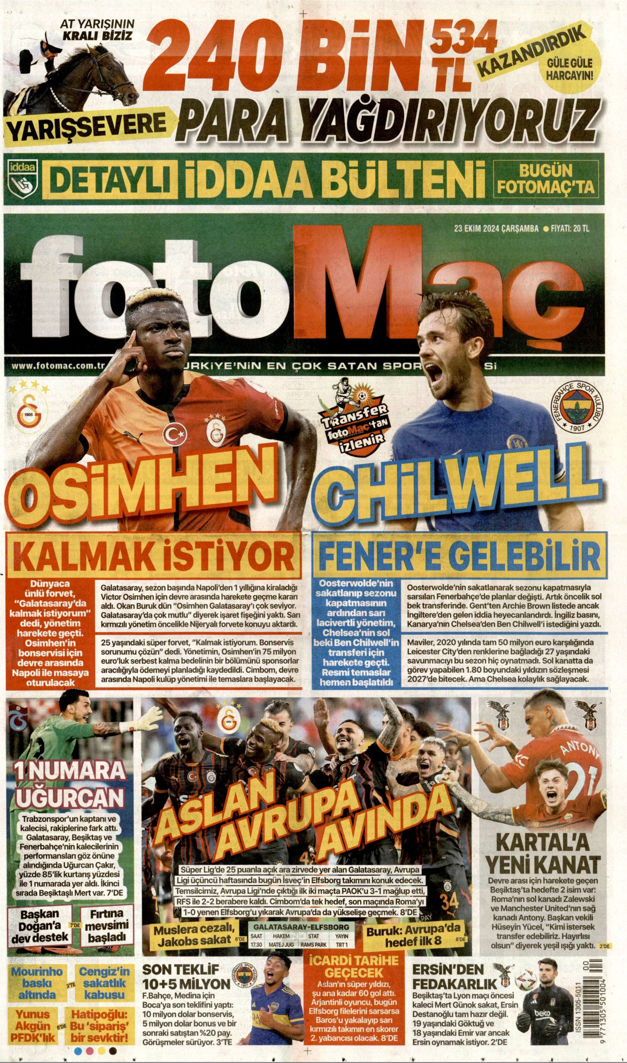 FOTOMAÇ gazetesinin 23 Ekim 2024 tarihli birinci sayfası