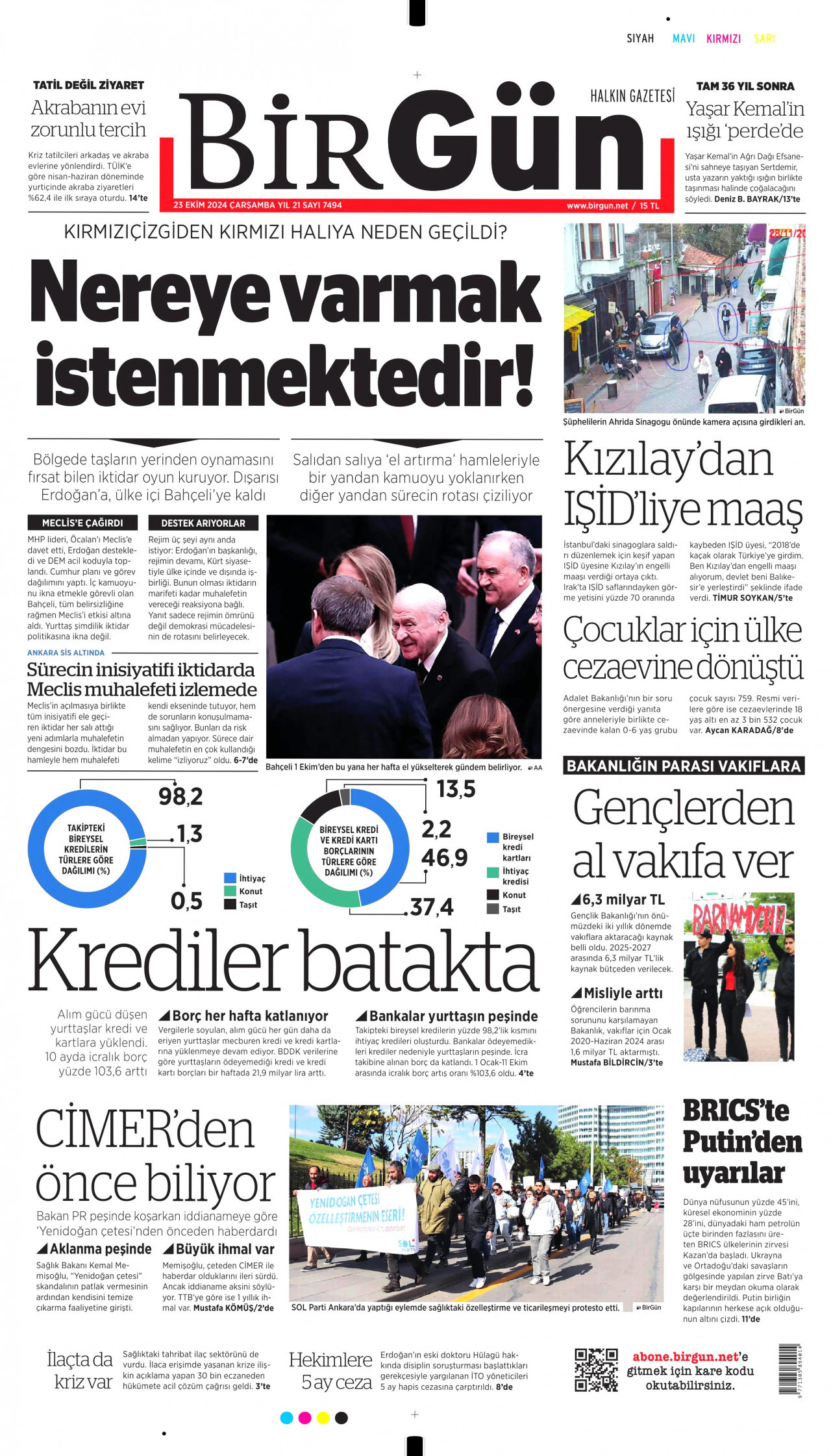BİRGÜN gazetesinin 23 Ekim 2024 tarihli birinci sayfası