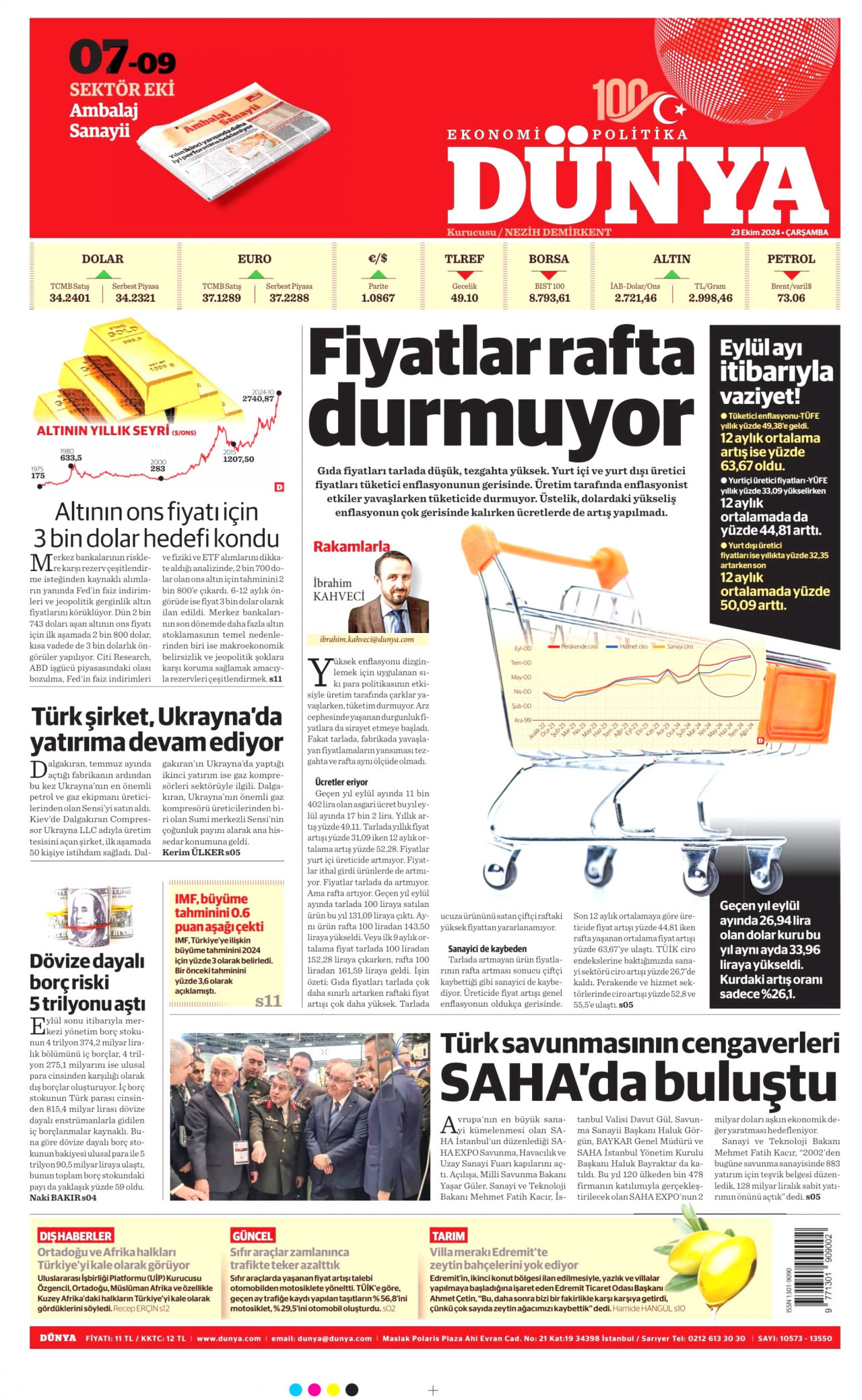 DÜNYA gazetesinin 23 Ekim 2024 tarihli birinci sayfası
