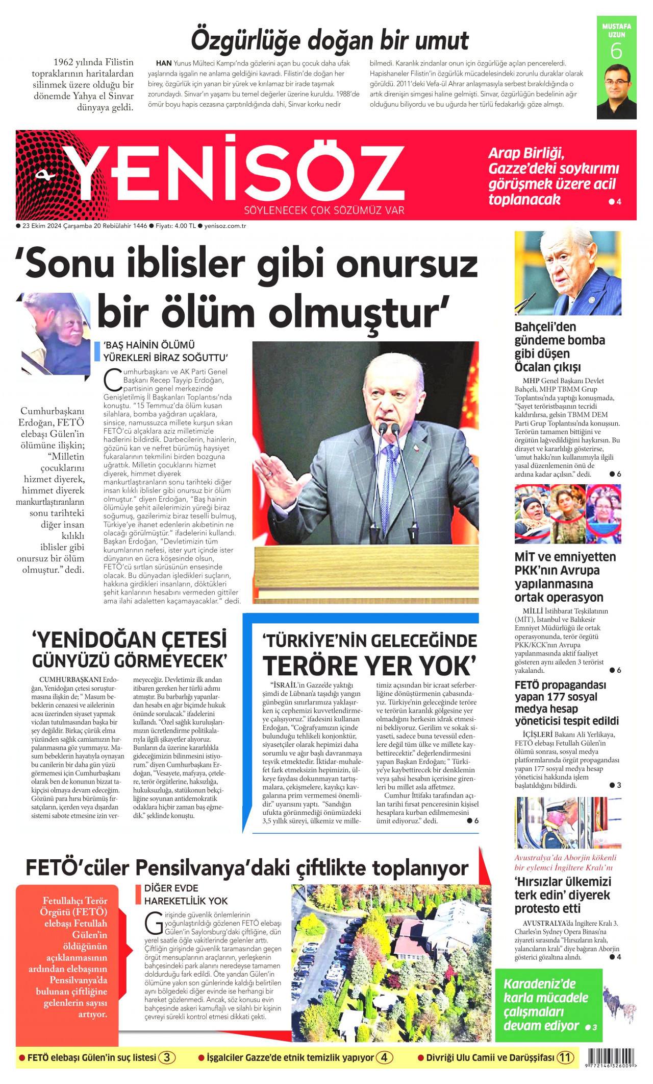 YENİ SÖZ GAZETESİ gazetesinin 23 Ekim 2024 tarihli birinci sayfası