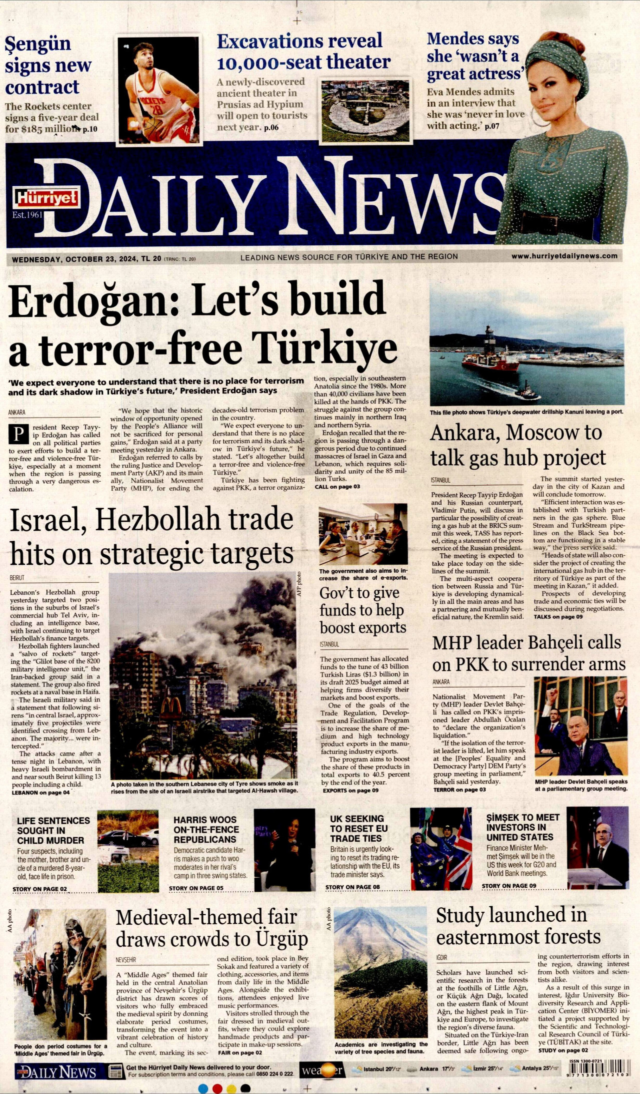 HÜRRİYET DAİLY NEWS gazetesinin 23 Ekim 2024 tarihli birinci sayfası