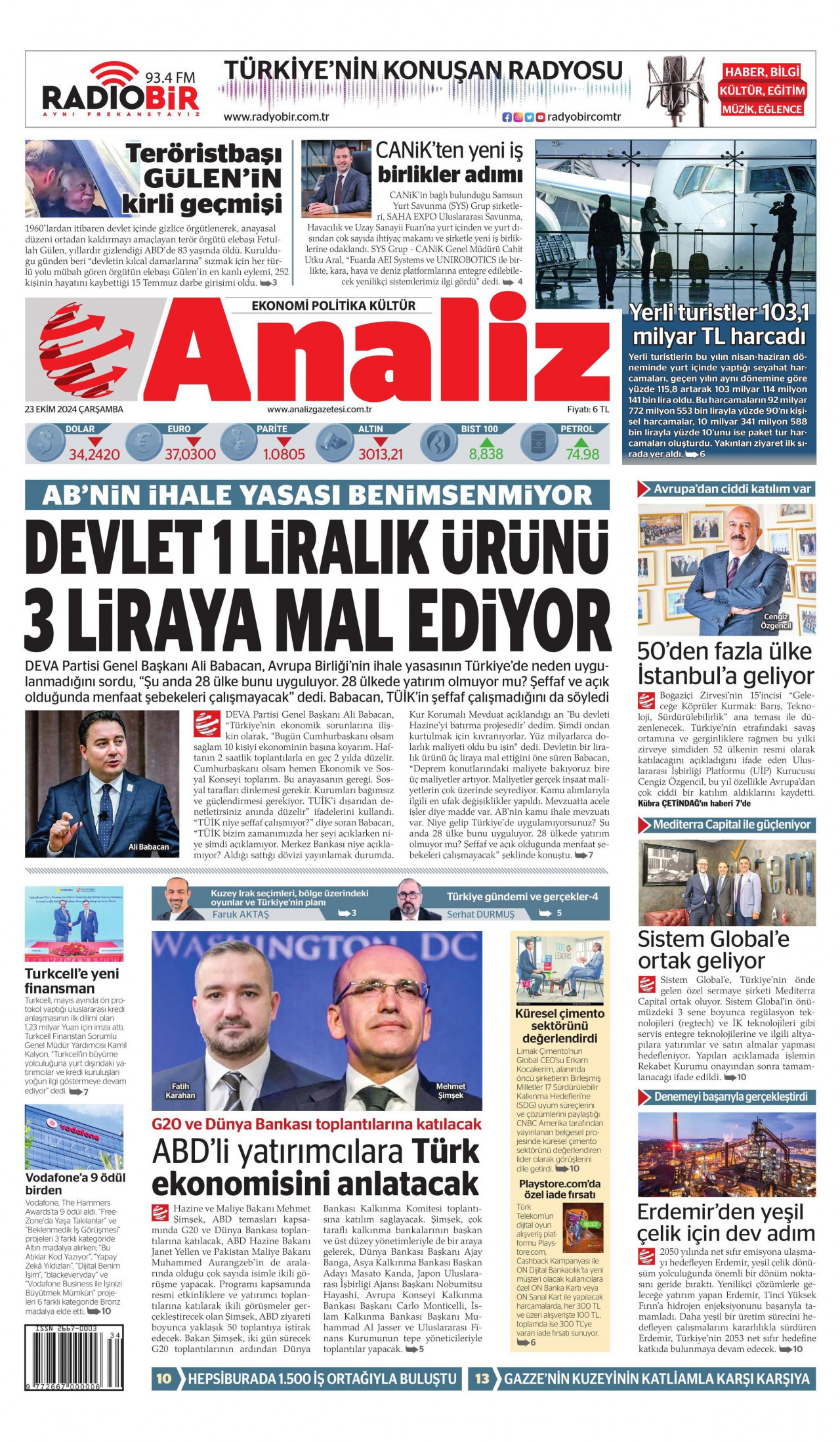 ANALİZ gazetesinin 23 Ekim 2024 tarihli birinci sayfası