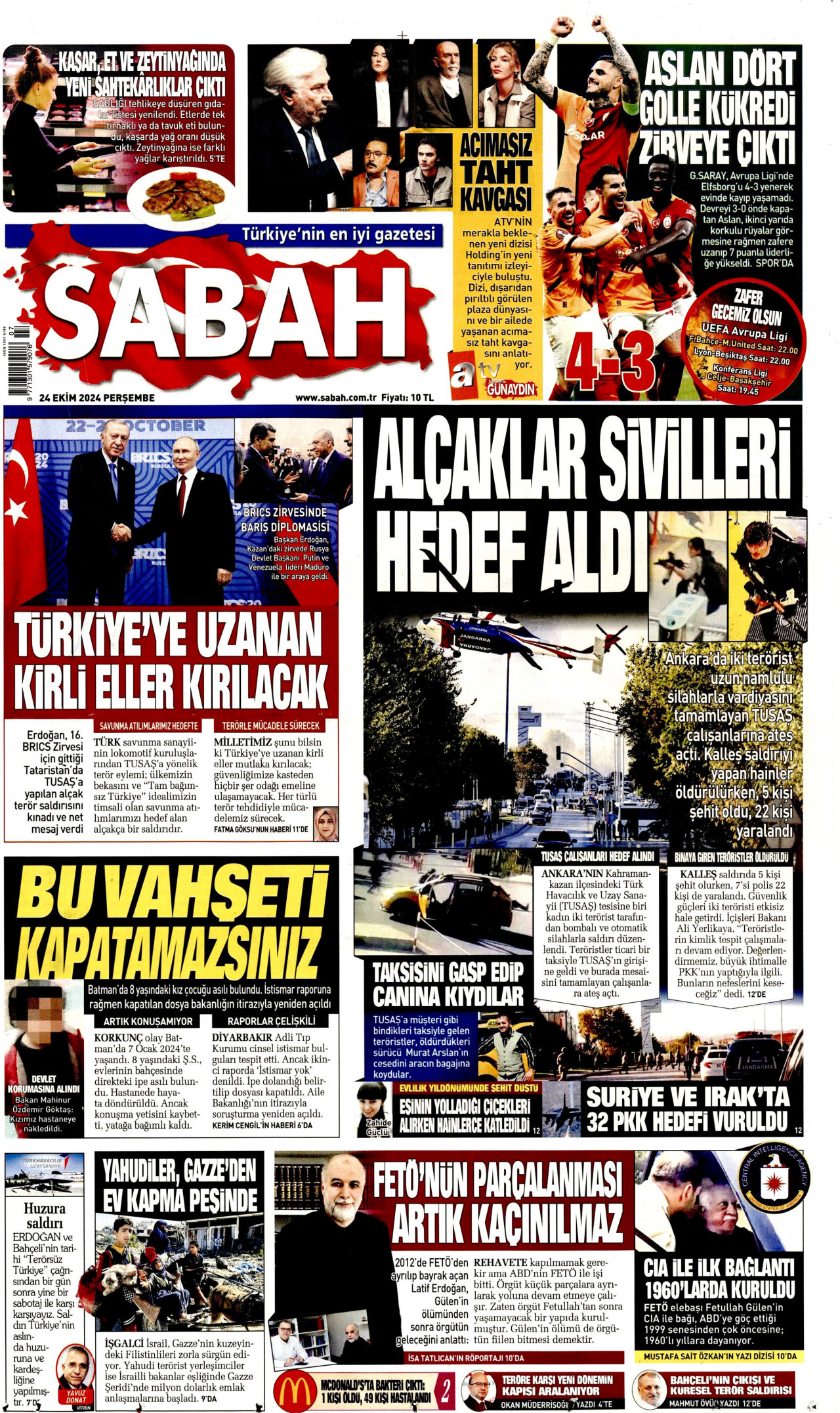 SABAH gazetesinin 24 Ekim 2024 tarihli birinci sayfası