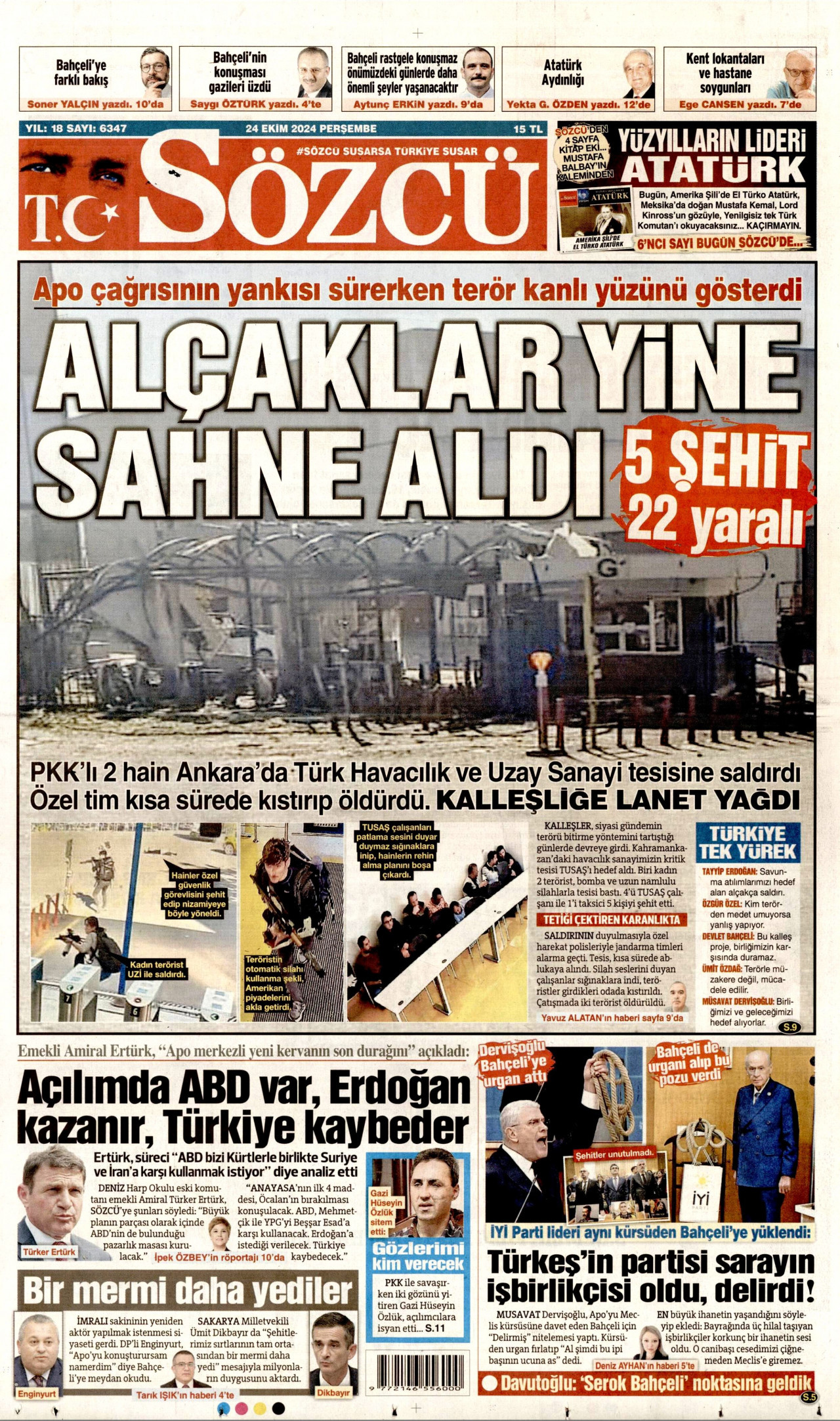 SÖZCÜ gazetesinin 24 Ekim 2024 tarihli birinci sayfası