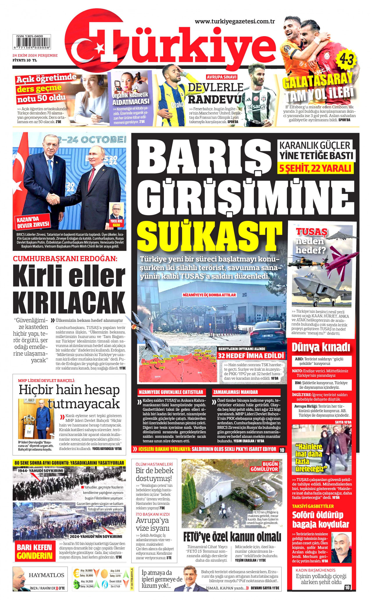 TÜRKİYE GAZETESİ gazetesinin 24 Ekim 2024 tarihli birinci sayfası