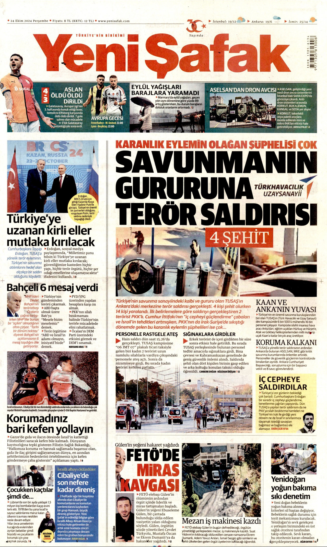 YENİ ŞAFAK gazetesinin 24 Ekim 2024 tarihli birinci sayfası