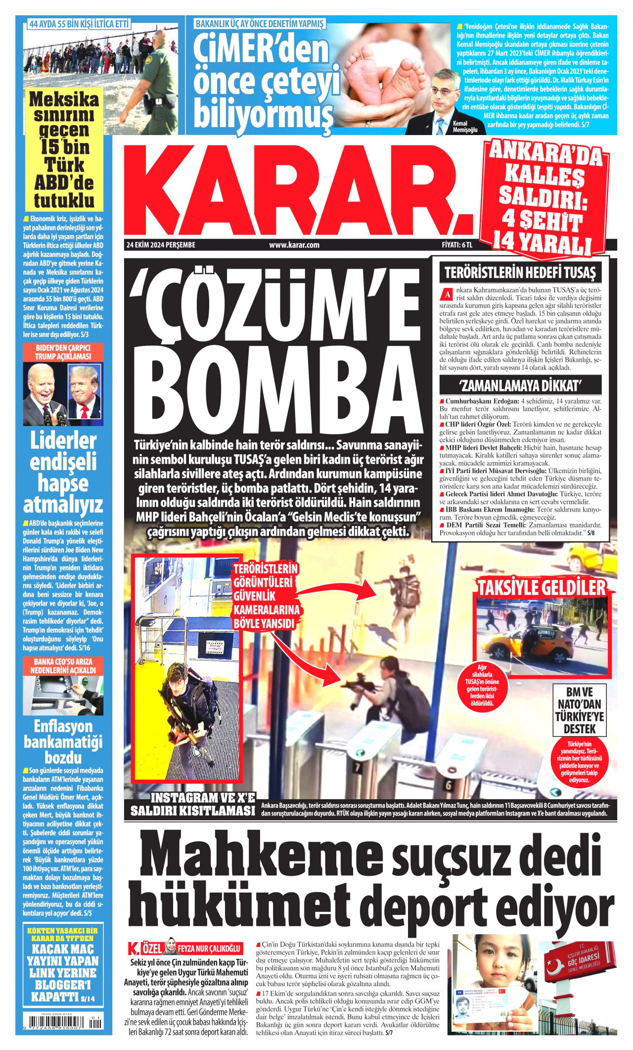 KARAR gazetesinin 24 Ekim 2024 tarihli birinci sayfası