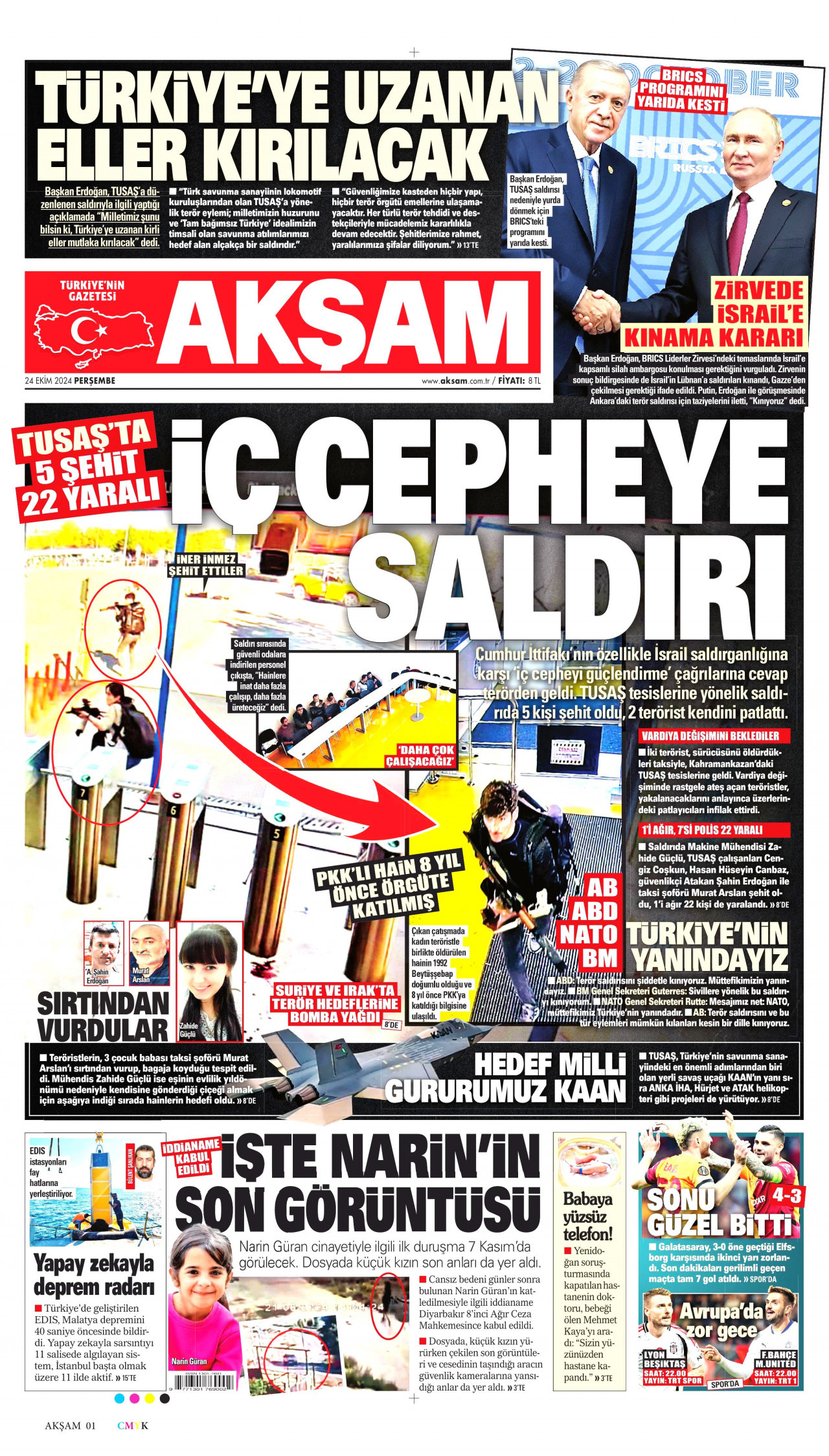 AKŞAM gazetesinin 24 Ekim 2024 tarihli birinci sayfası