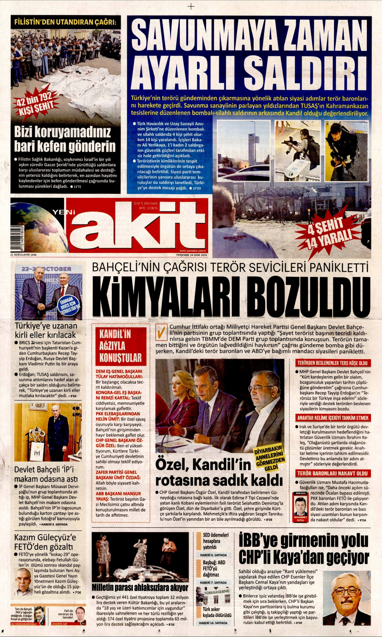 YENİ AKİT gazetesinin 24 Ekim 2024 tarihli birinci sayfası
