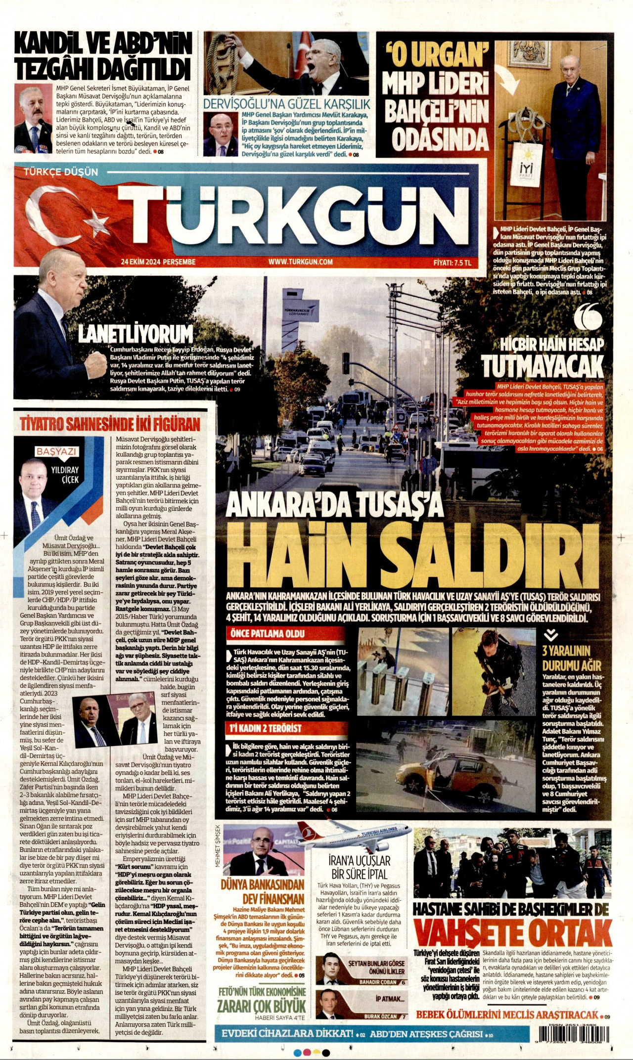 TÜRKGÜN gazetesinin 24 Ekim 2024 tarihli birinci sayfası