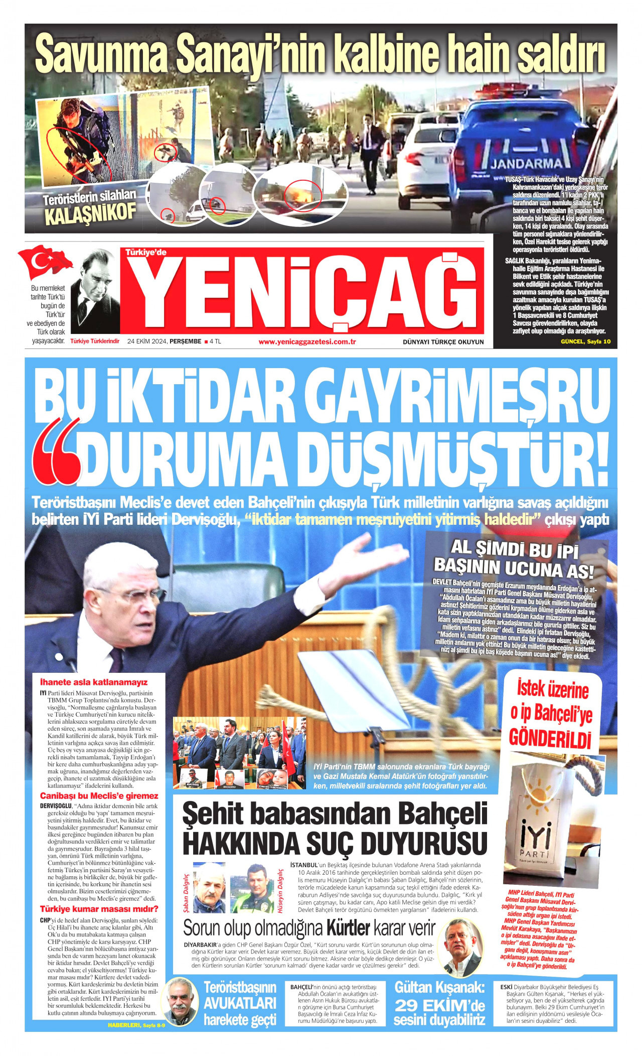 YENİÇAĞ gazetesinin 24 Ekim 2024 tarihli birinci sayfası