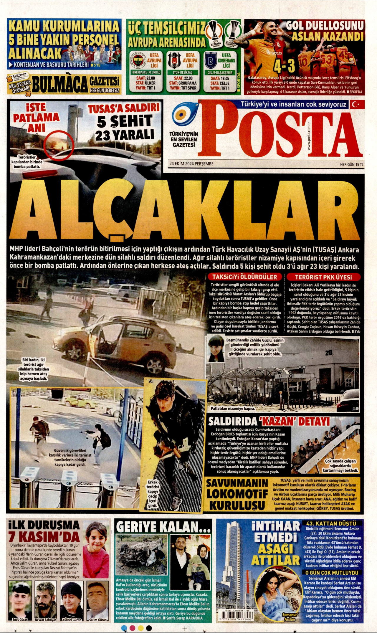 POSTA gazetesinin 24 Ekim 2024 tarihli birinci sayfası