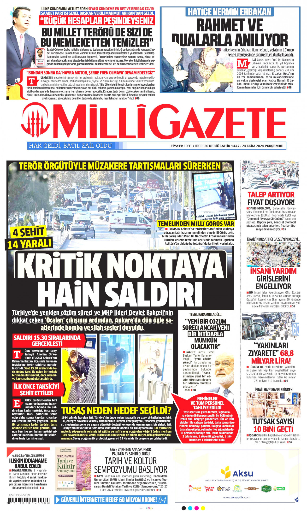 MİLLİ GAZETE gazetesinin 24 Ekim 2024 tarihli birinci sayfası