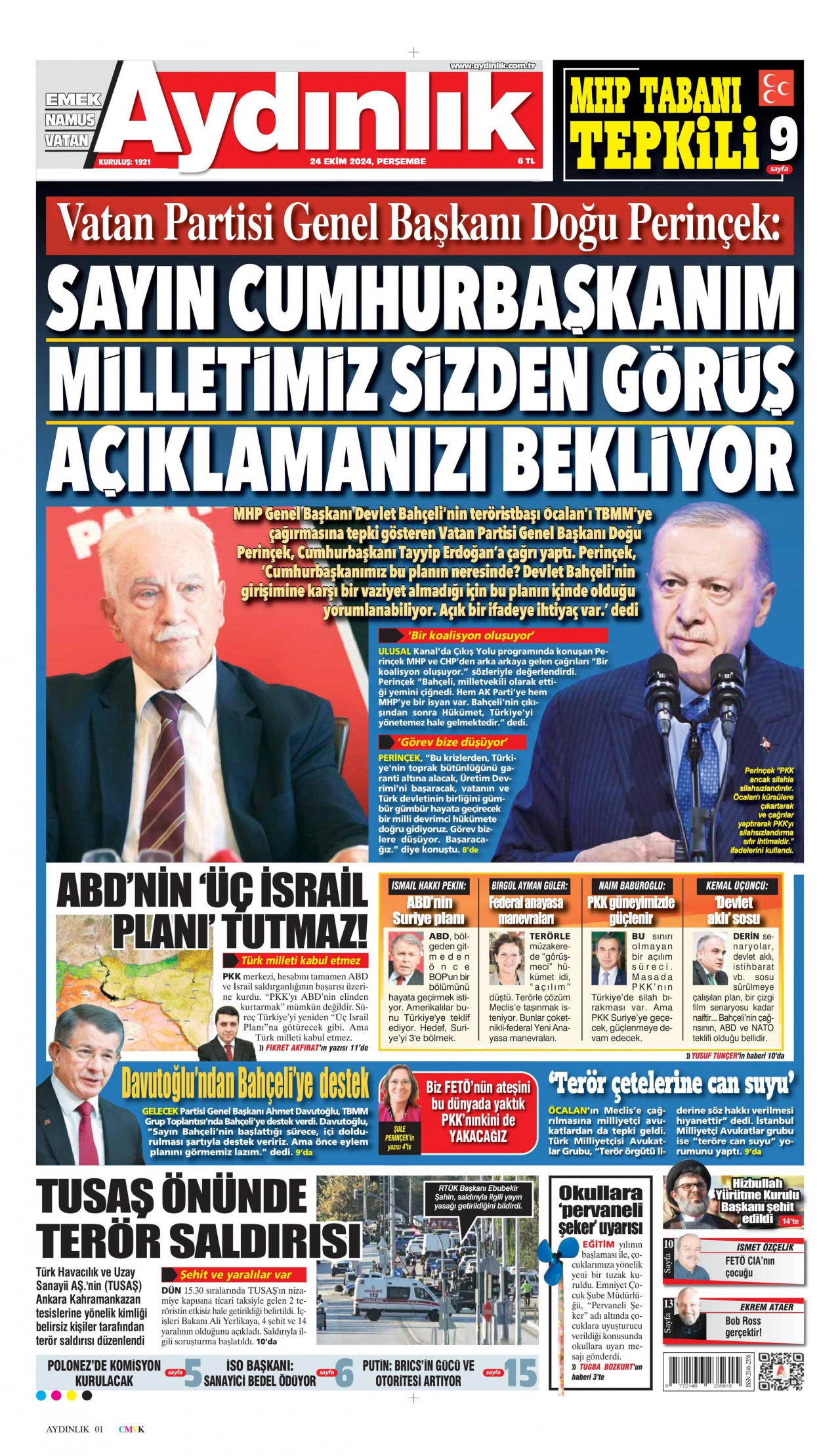 AYDINLIK GAZETESİ gazetesinin 24 Ekim 2024 tarihli birinci sayfası