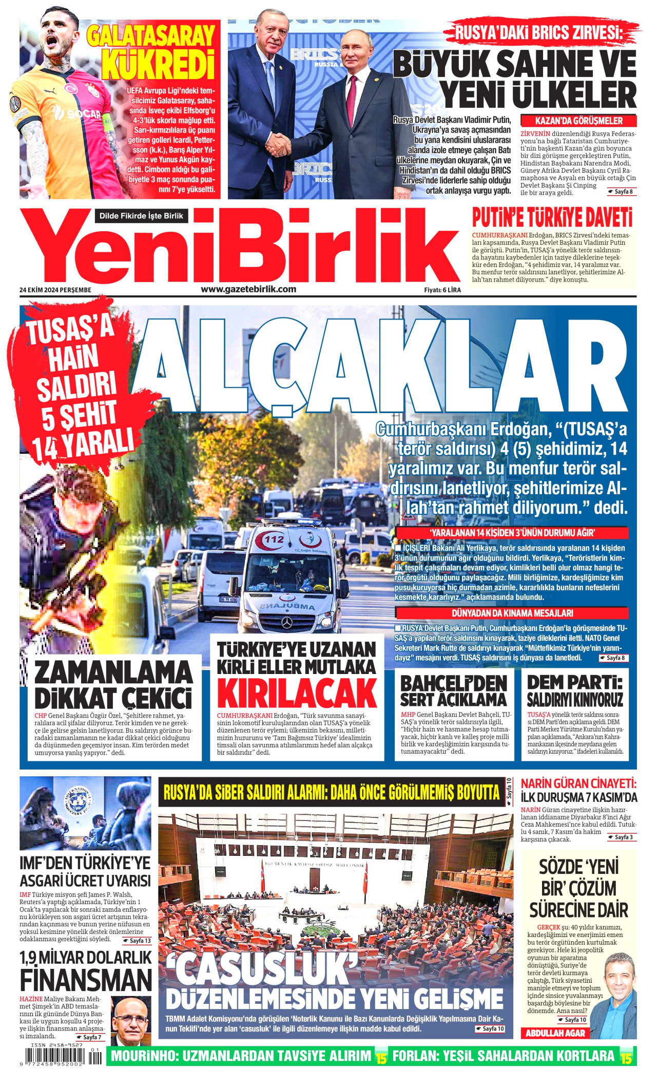 YENİBİRLİK gazetesinin 24 Ekim 2024 tarihli birinci sayfası