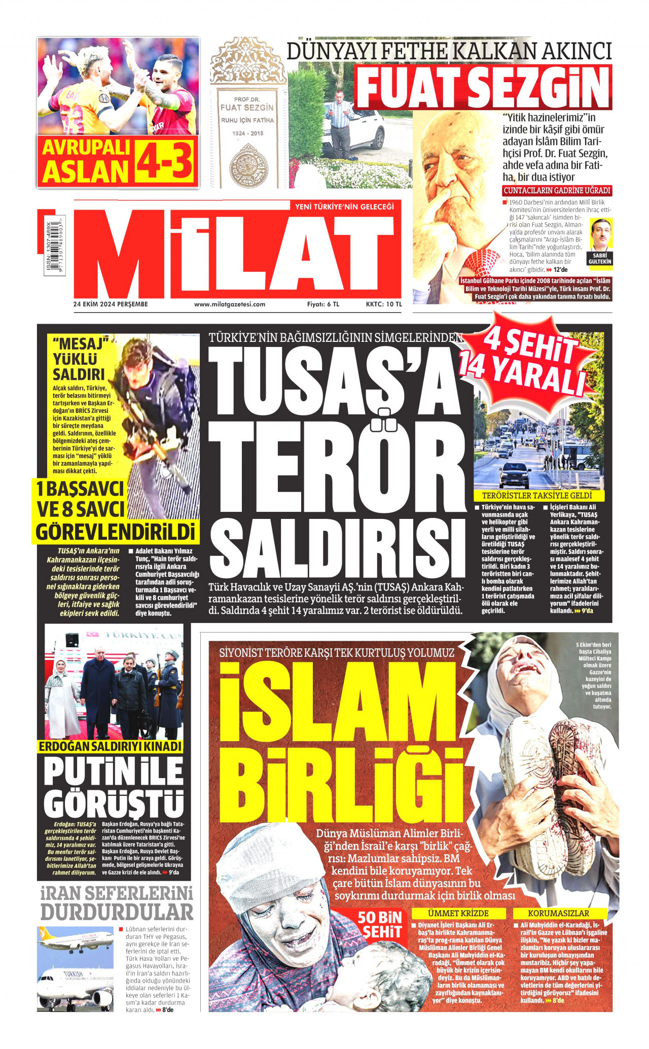 MİLAT gazetesinin 24 Ekim 2024 tarihli birinci sayfası