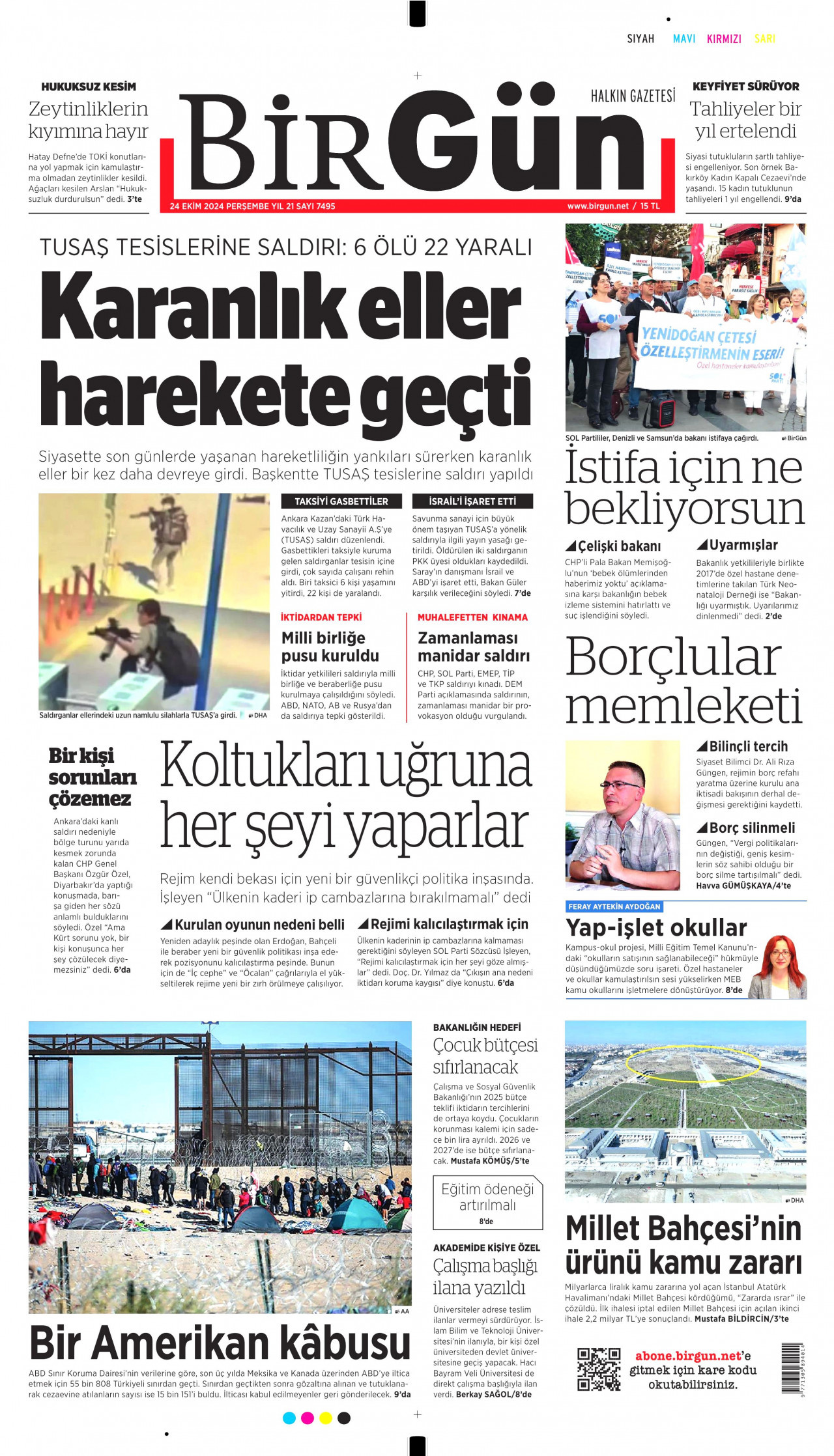 BİRGÜN gazetesinin 24 Ekim 2024 tarihli birinci sayfası