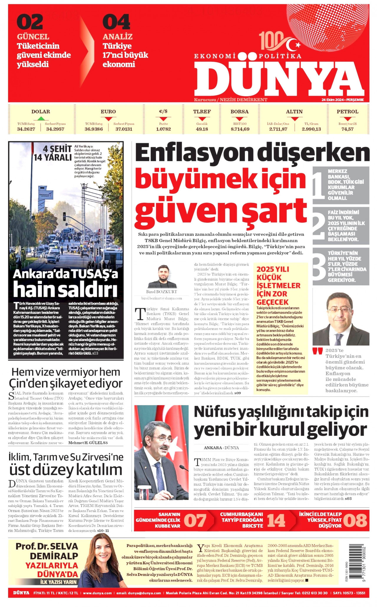 DÜNYA gazetesinin 24 Ekim 2024 tarihli birinci sayfası