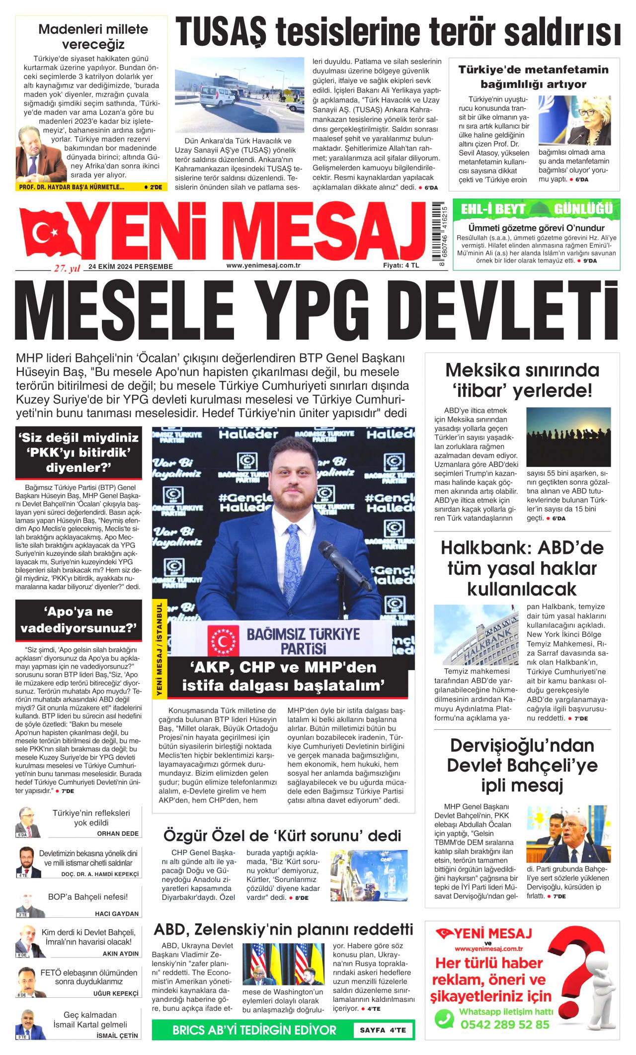 YENİ MESAJ gazetesinin 24 Ekim 2024 tarihli birinci sayfası