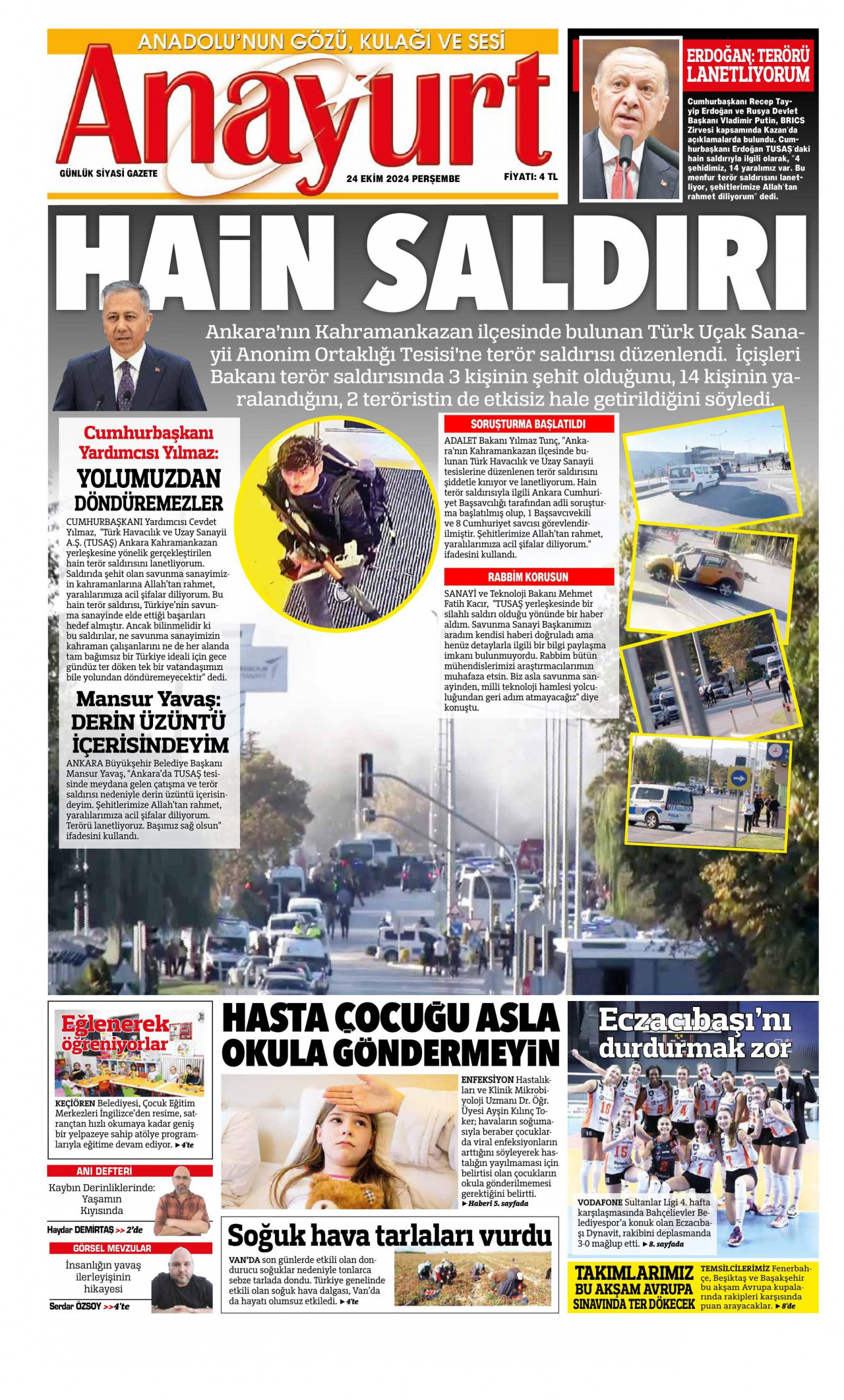 ANAYURT gazetesinin 24 Ekim 2024 tarihli birinci sayfası