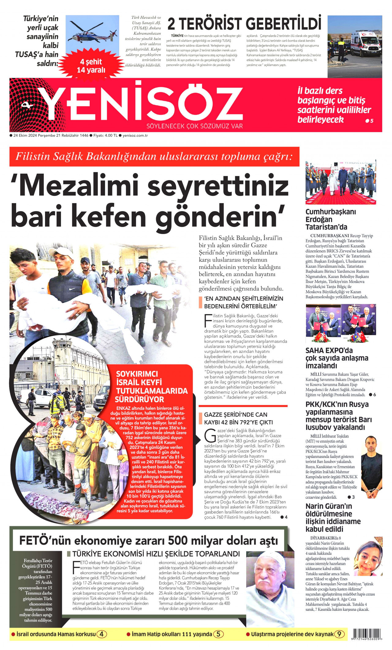YENİ SÖZ GAZETESİ gazetesinin 24 Ekim 2024 tarihli birinci sayfası