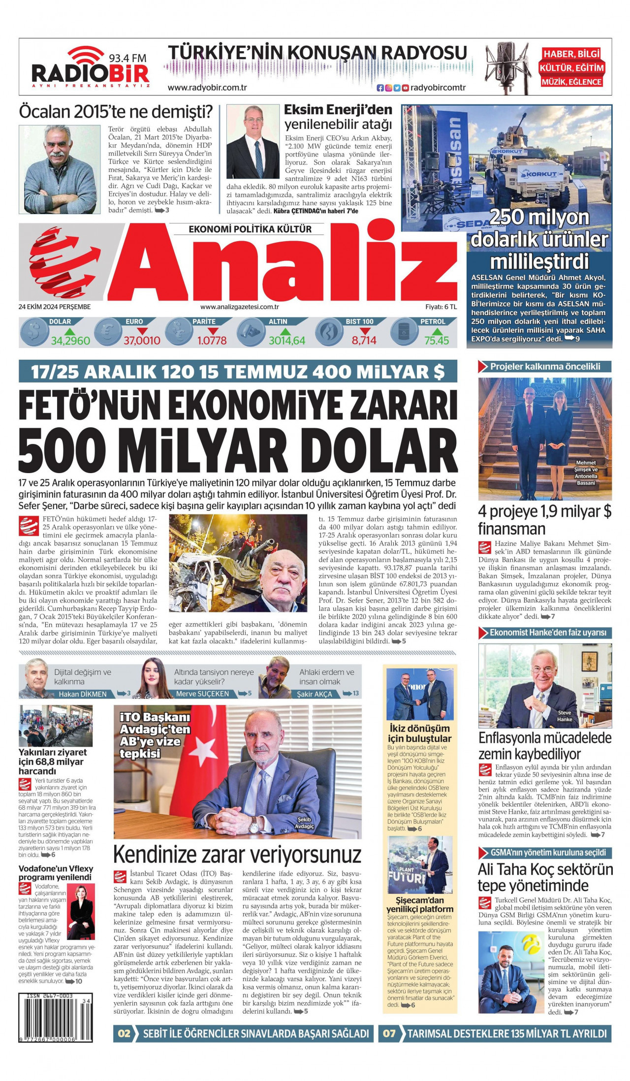 ANALİZ gazetesinin 24 Ekim 2024 tarihli birinci sayfası