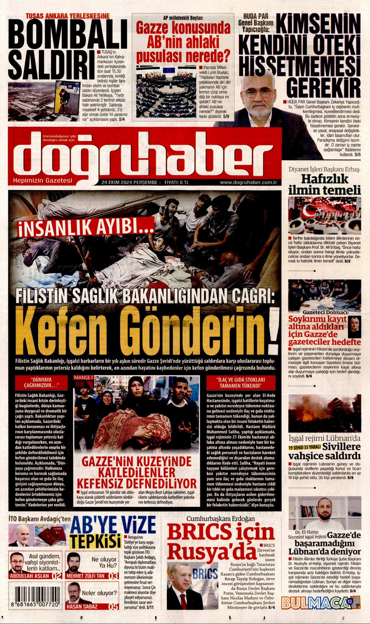 DOĞRU HABER gazetesinin 24 Ekim 2024 tarihli birinci sayfası