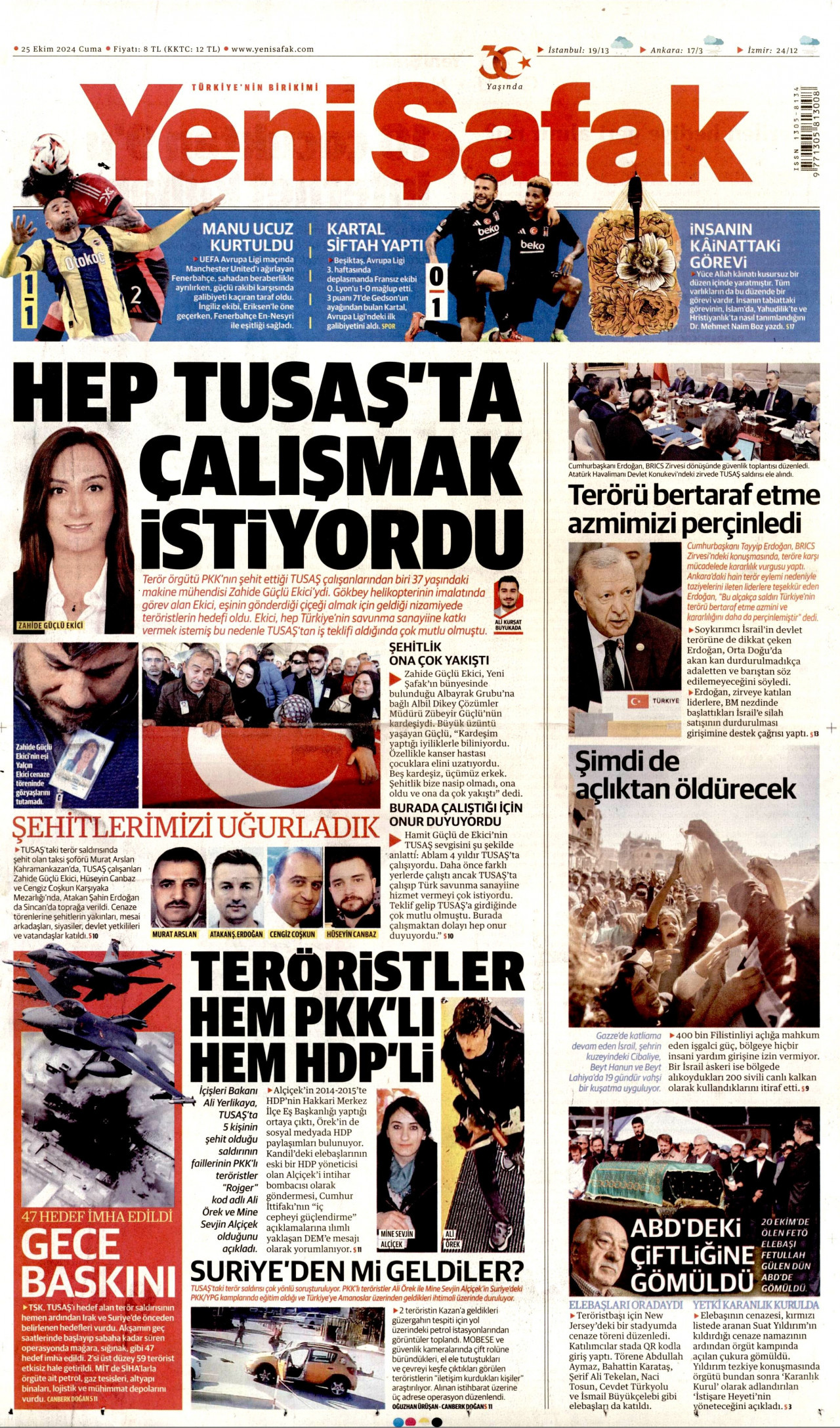 YENİ ŞAFAK gazetesinin 25 Ekim 2024 tarihli birinci sayfası